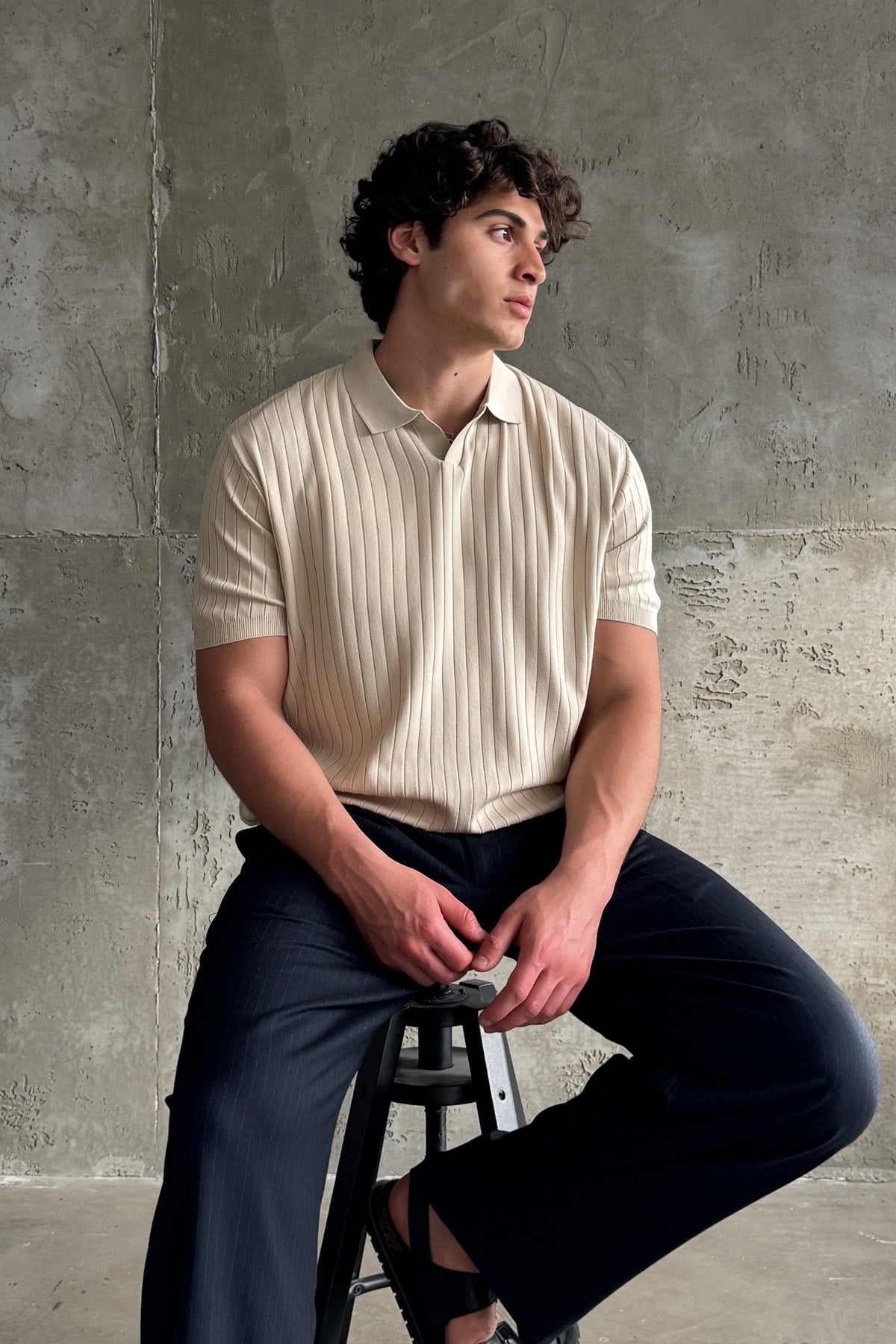 Erkek Oversize Fitilli Polo Yaka İnce Triko T-shirt Bej