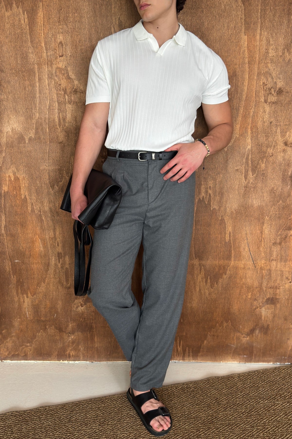 Erkek Oversize Fitilli Polo Yaka İnce Triko T-shirt Beyaz
