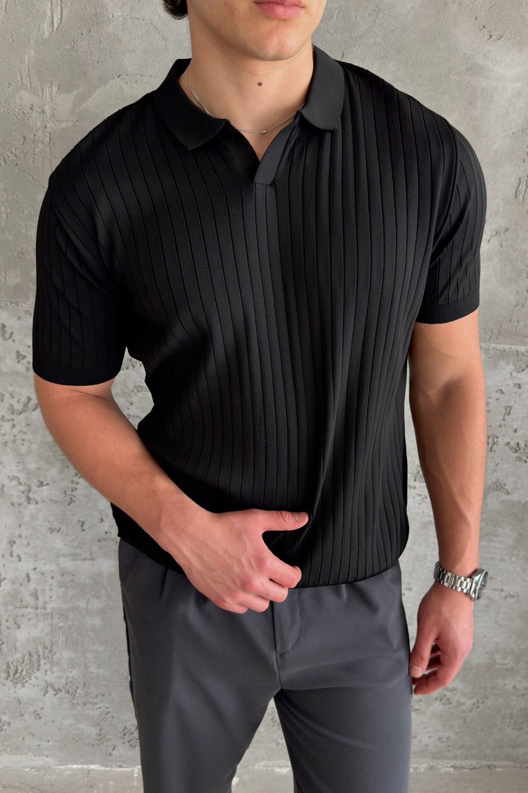 Erkek Oversize Fitilli Polo Yaka İnce Triko T-shirt Siyah