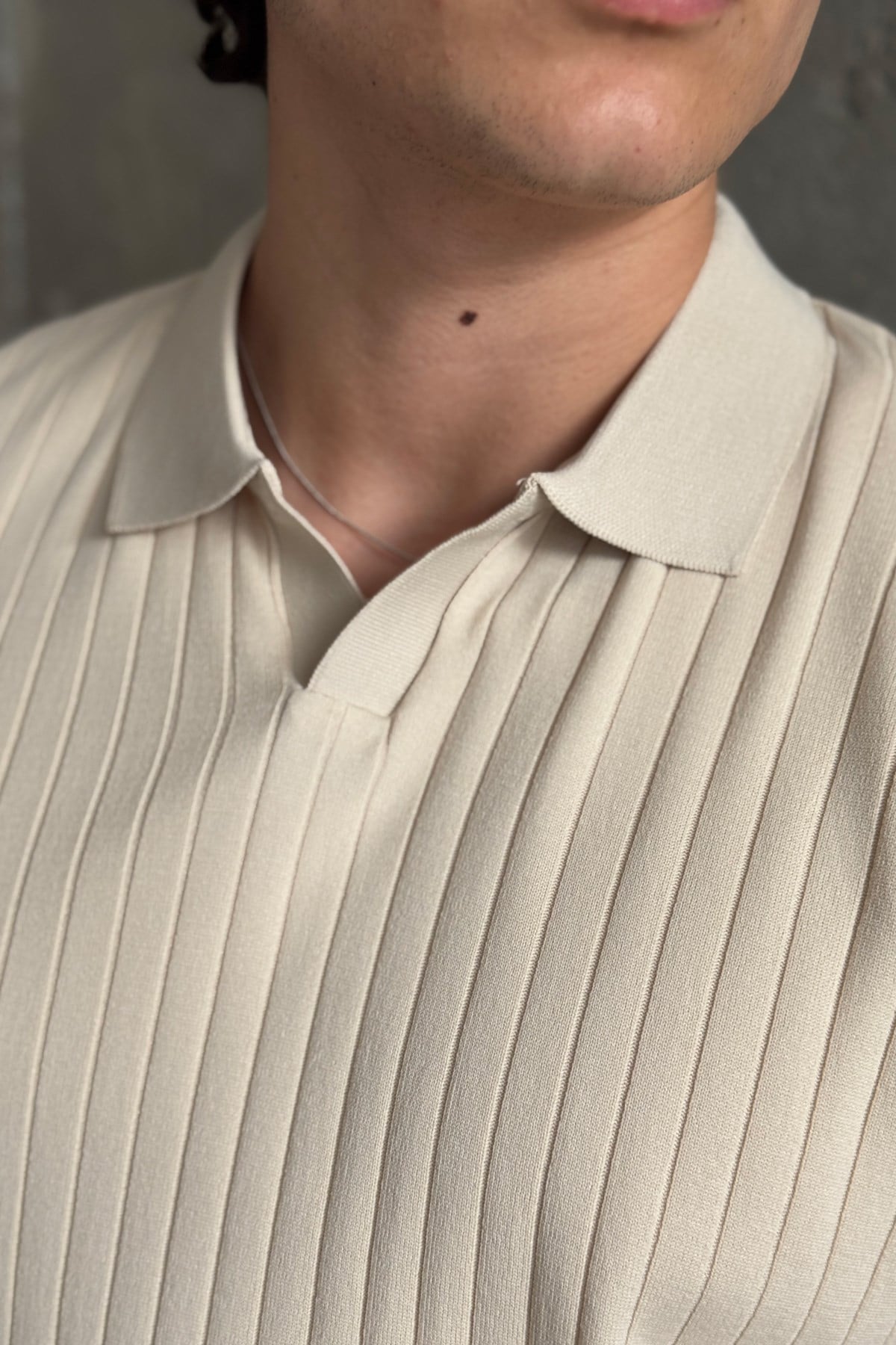 Erkek Oversize Fitilli Polo Yaka İnce Triko T-shirt Bej