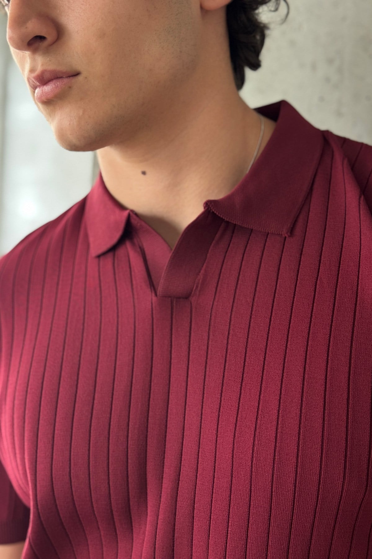 Erkek Oversize Fitilli Polo Yaka İnce Triko T-shirt Bordo