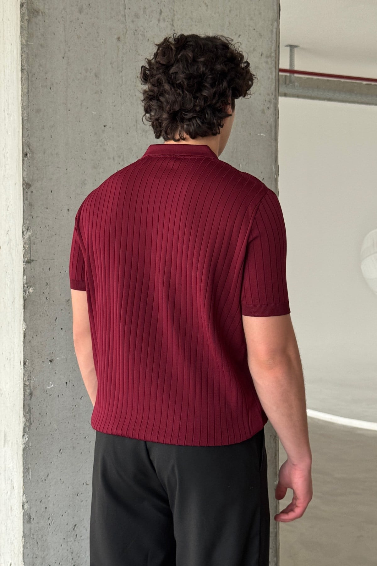 Erkek Oversize Fitilli Polo Yaka İnce Triko T-shirt Bordo