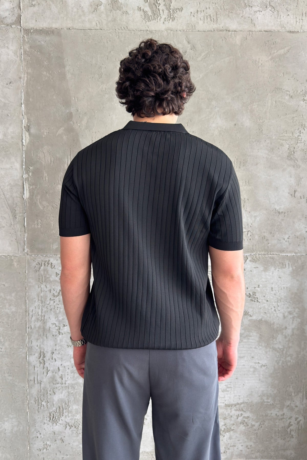 Erkek Oversize Fitilli Polo Yaka İnce Triko T-shirt Siyah