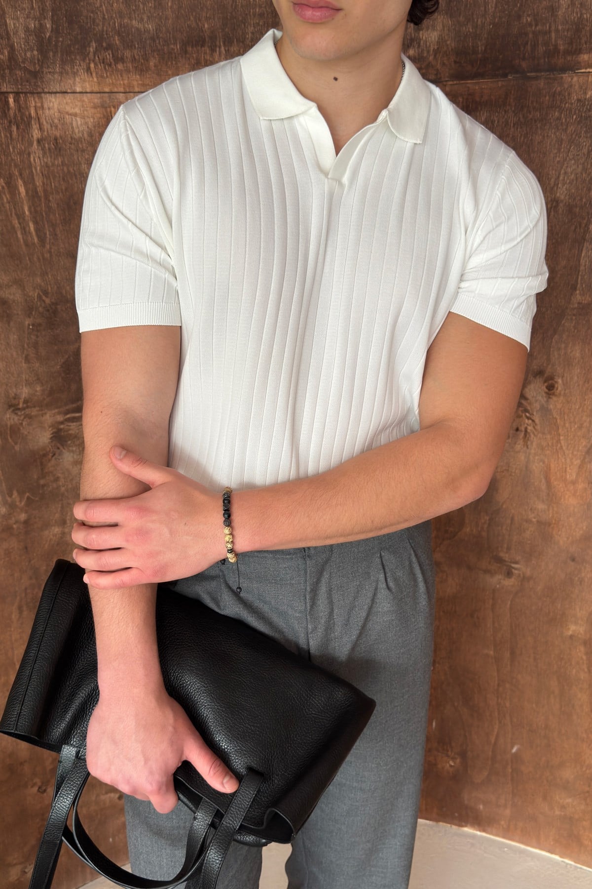 Erkek Oversize Fitilli Polo Yaka İnce Triko T-shirt Beyaz