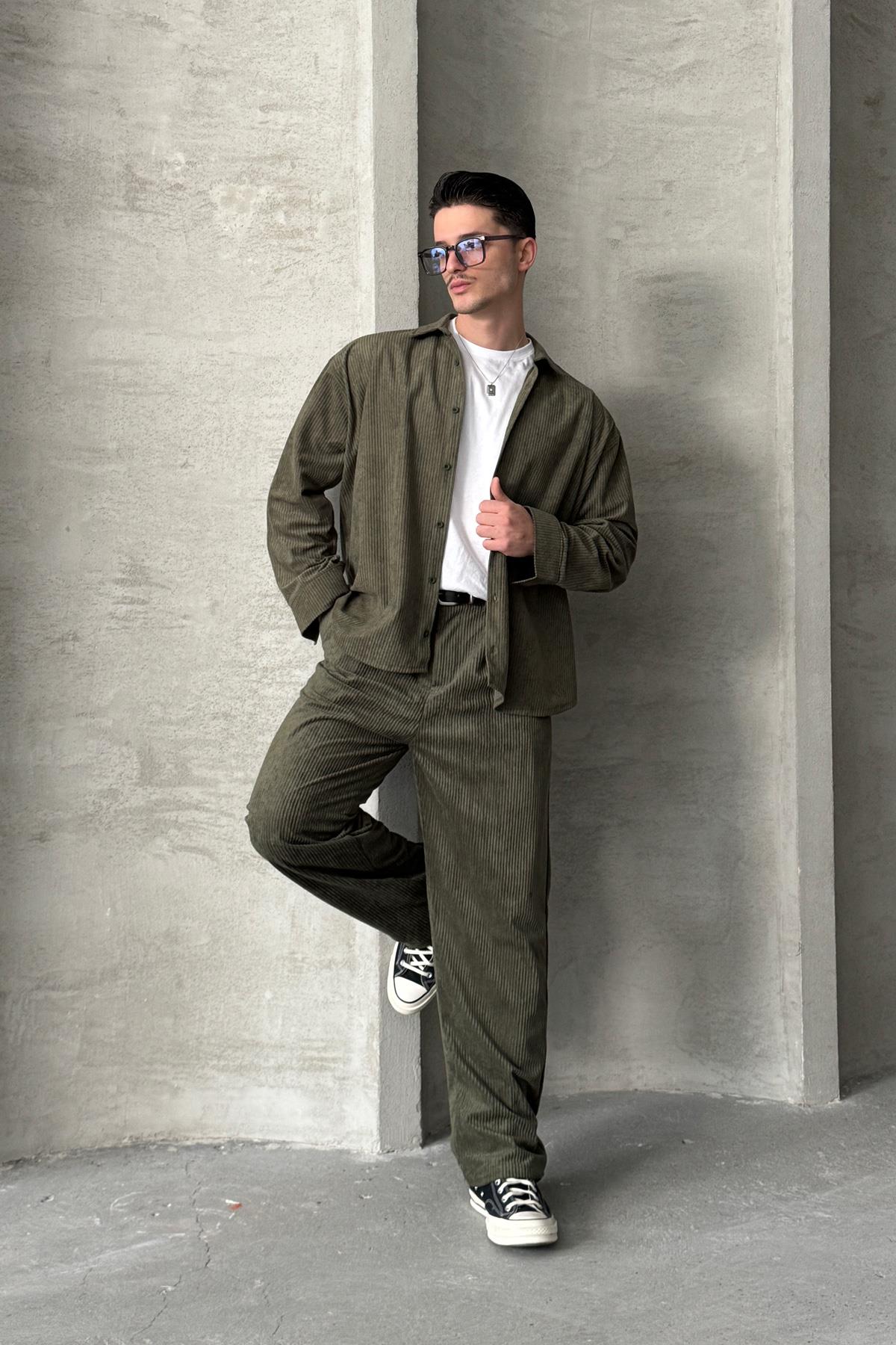 Erkek Oversize Kadife Takım Haki