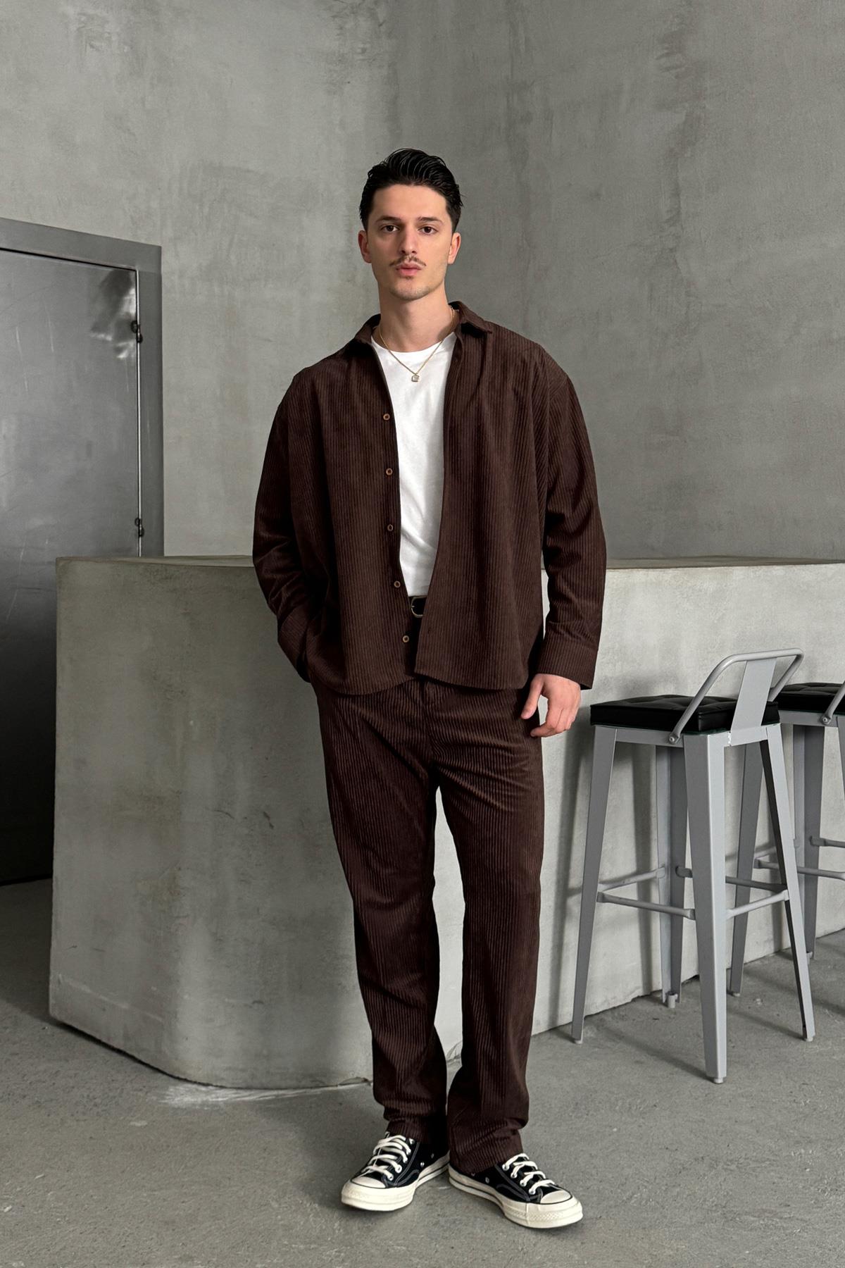 Erkek Oversize Kadife Takım Kahverengi