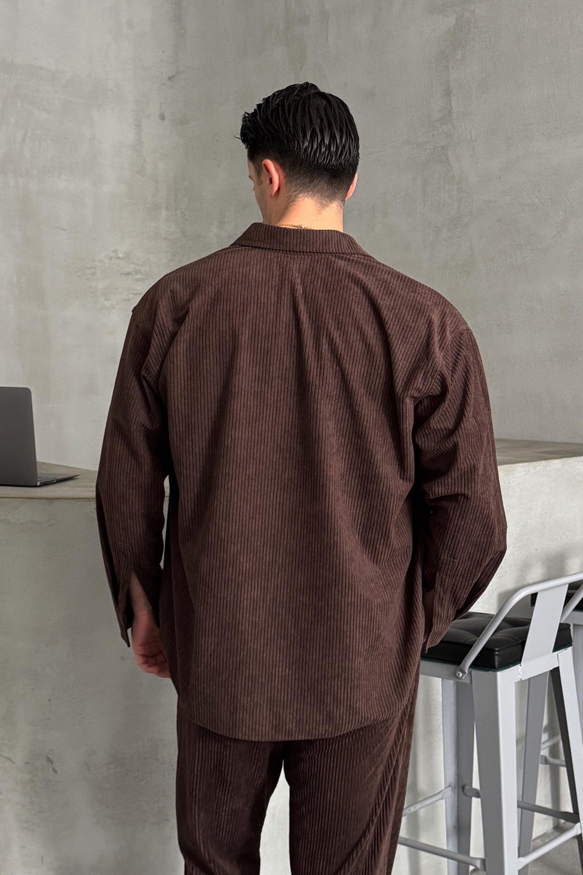 Erkek Oversize Kesim Kadife Gömlek Kahverengi