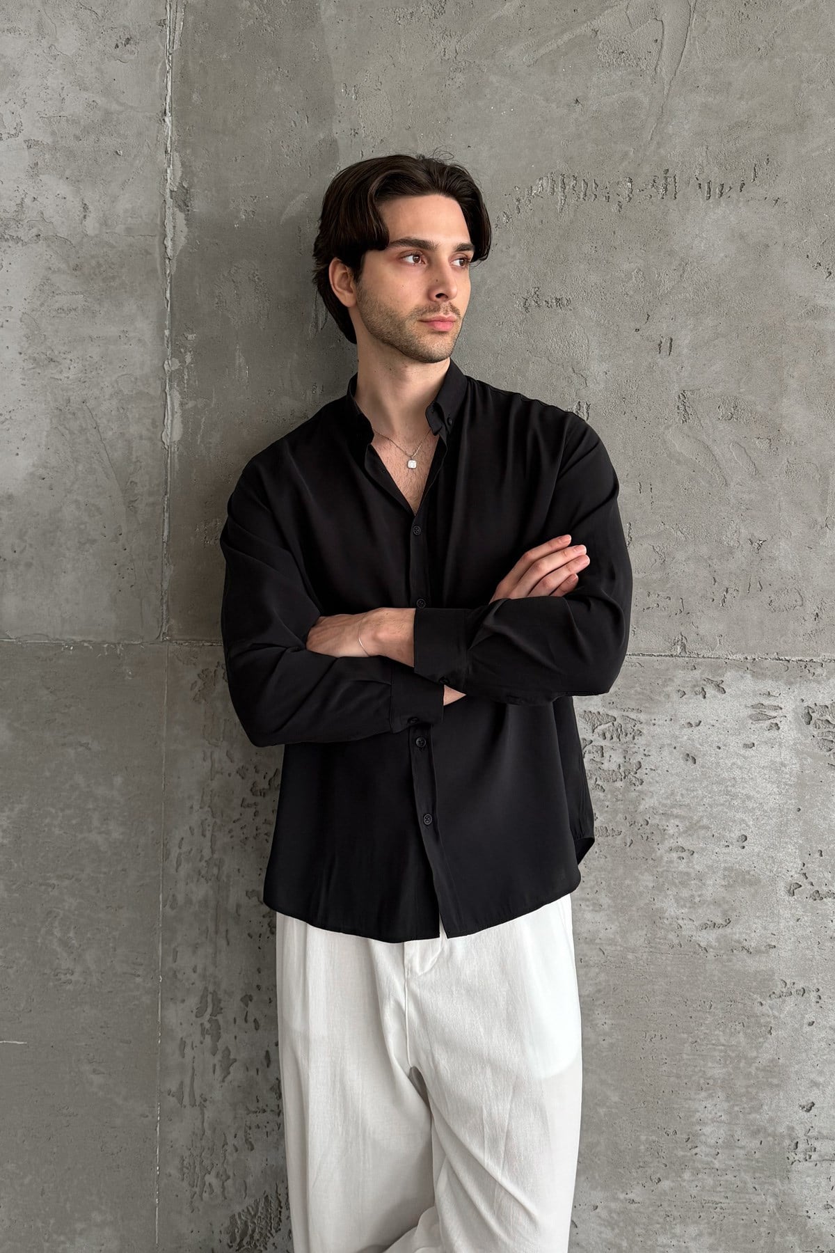 Erkek Oversize Modal Gömlek Black
