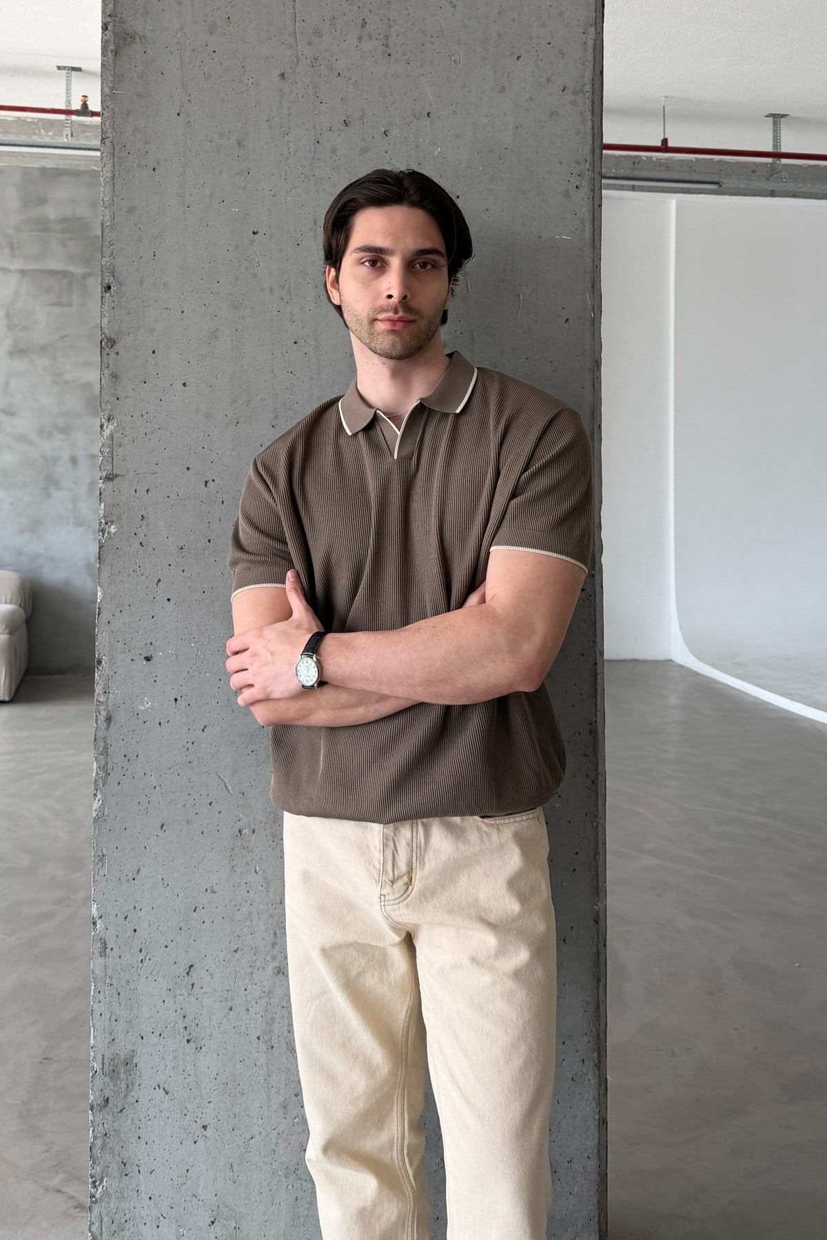 Erkek Oversize Selanik Polo Yaka Triko T-Shirt Açık Kahve