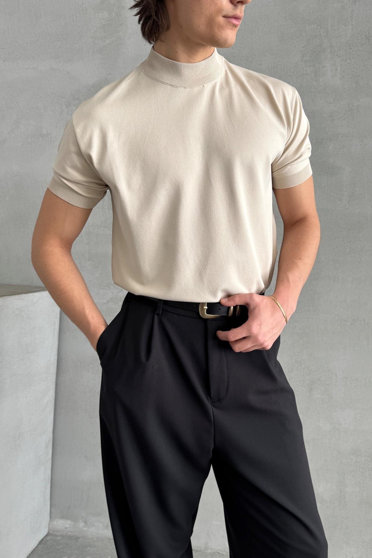 Erkek Oversize Yarım Balıkçı Triko T-shirt Bej