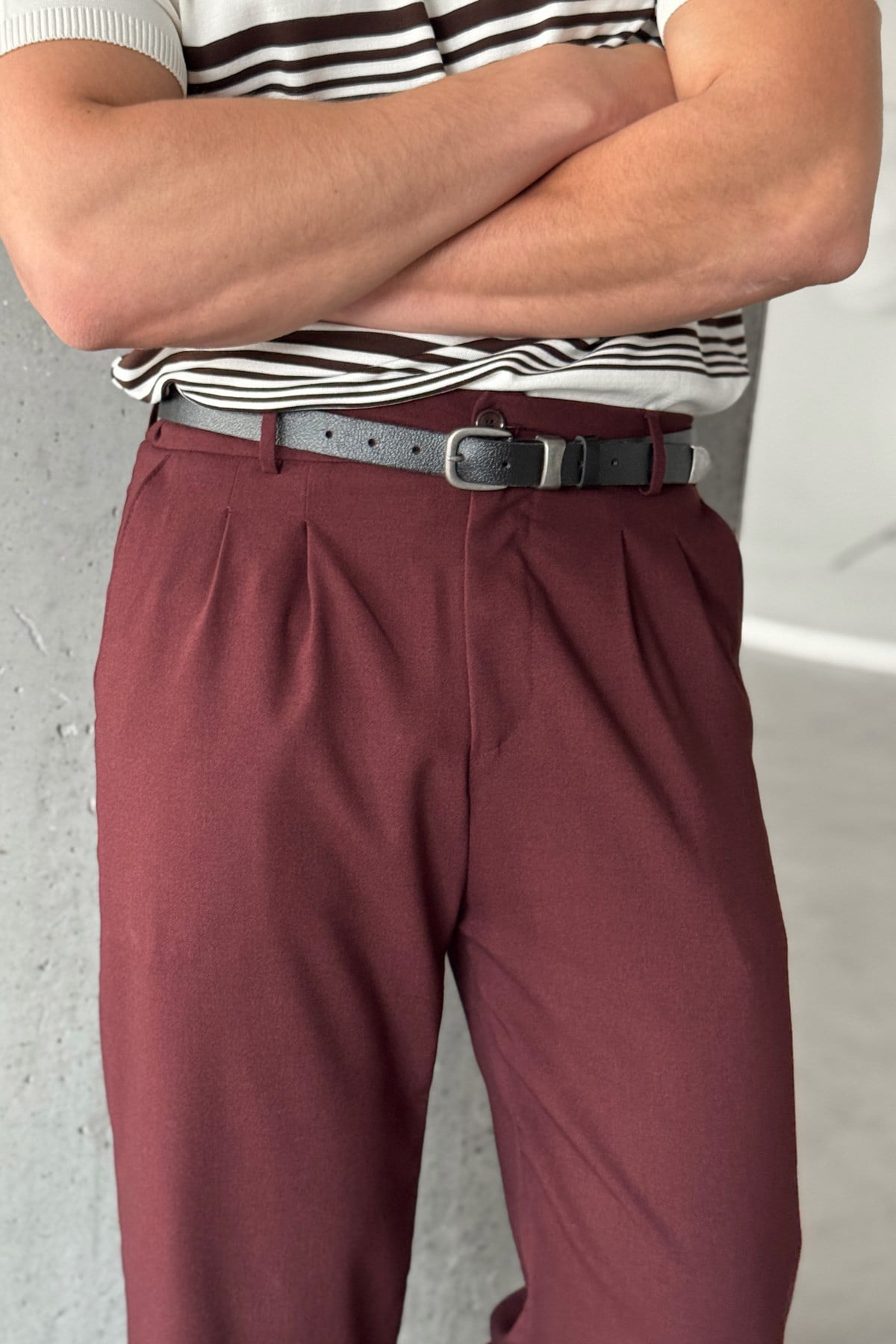 Erkek Pileli Baggy Kalıp Kumaş Pantolon Bordo