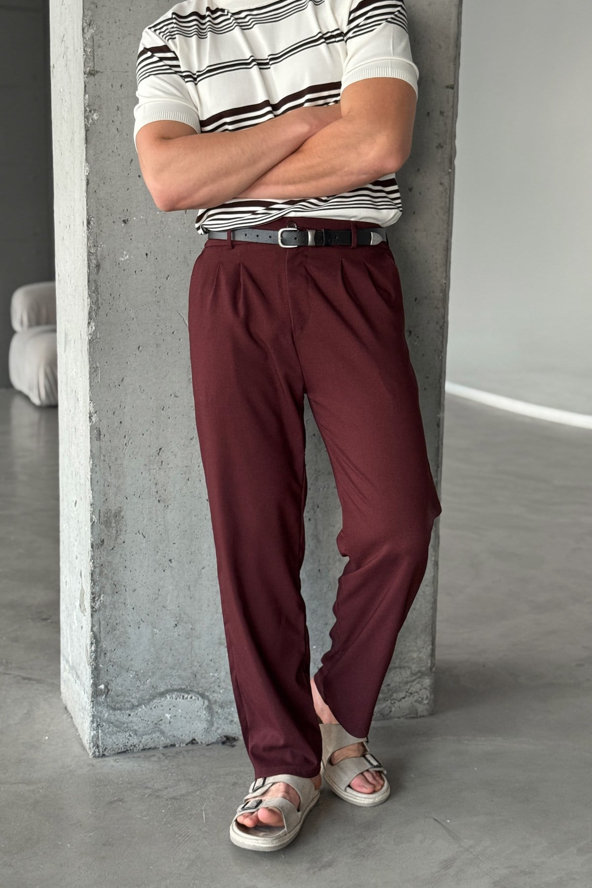 Erkek Pileli Baggy Kalıp Kumaş Pantolon Bordo