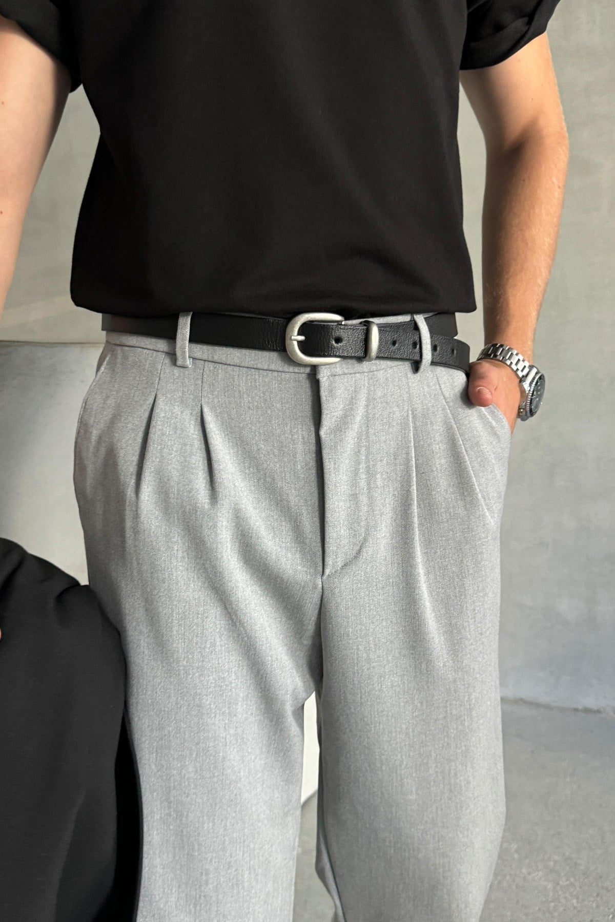 Erkek Pileli Baggy Kalıp Kumaş Pantolon Gri