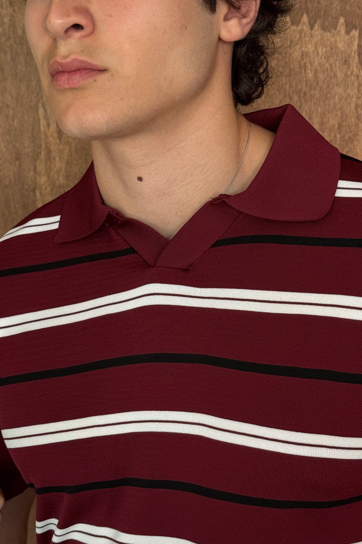 Erkek Polo Yaka Çizgili Triko T-shirt Bordo