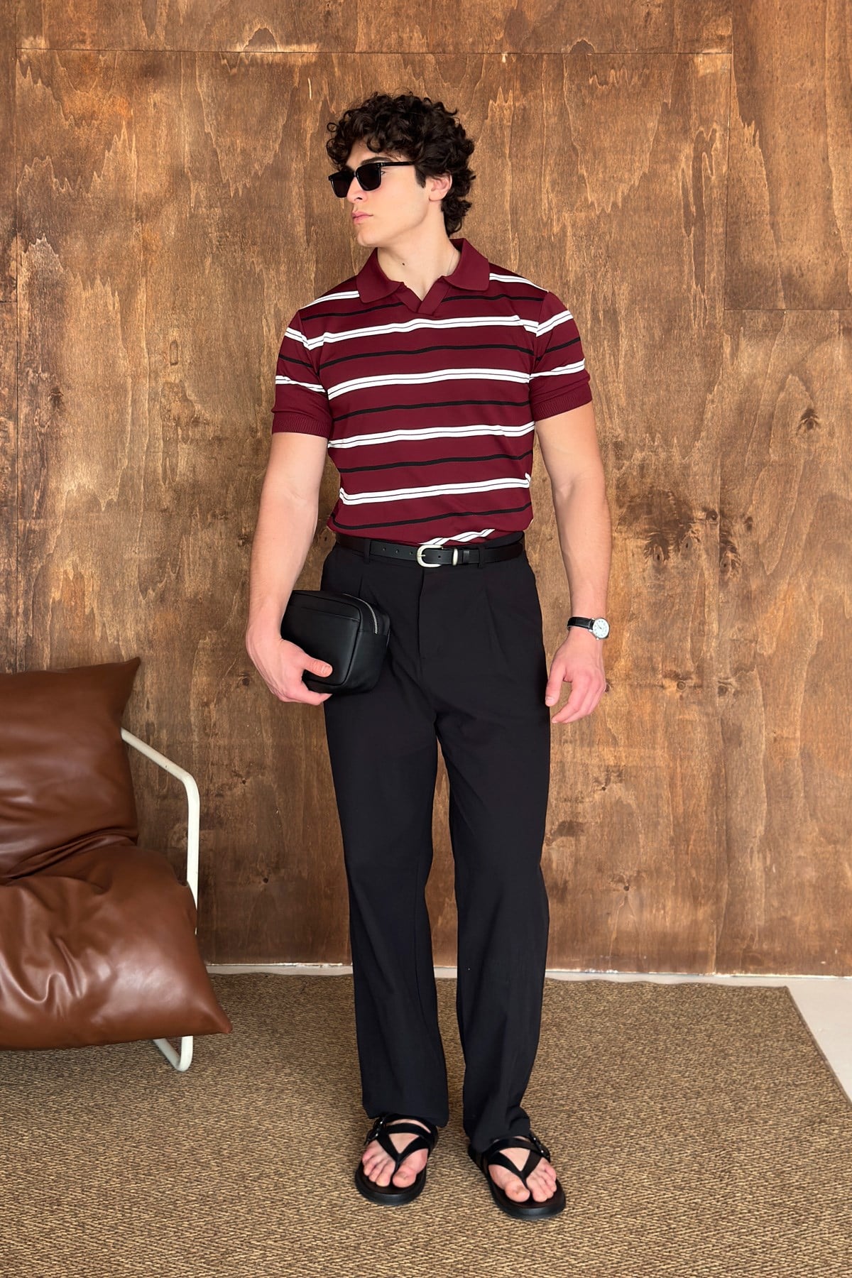 Erkek Polo Yaka Çizgili Triko T-shirt Bordo