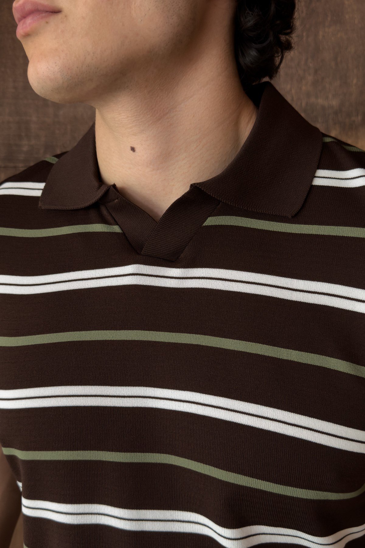 Erkek Polo Yaka Çizgili Triko T-shirt Kahverengi