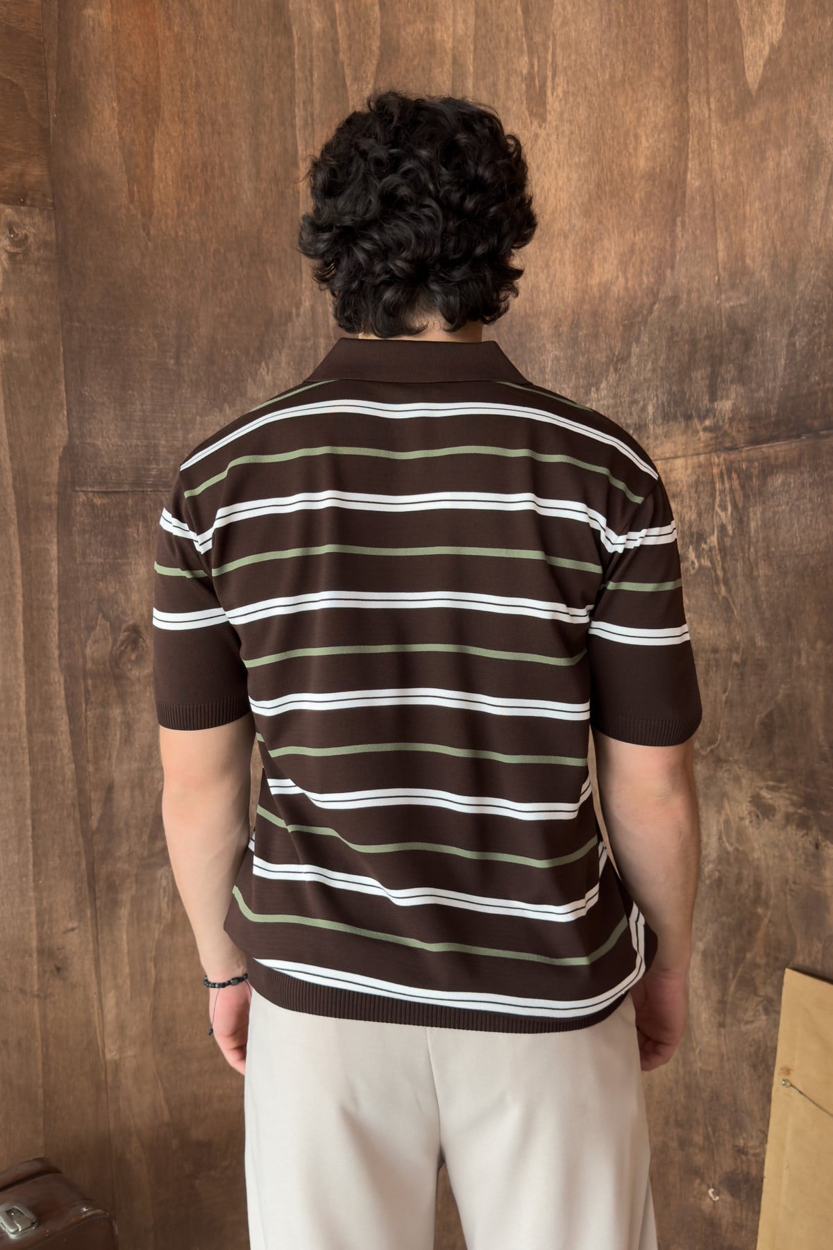 Erkek Polo Yaka Çizgili Triko T-shirt Kahverengi