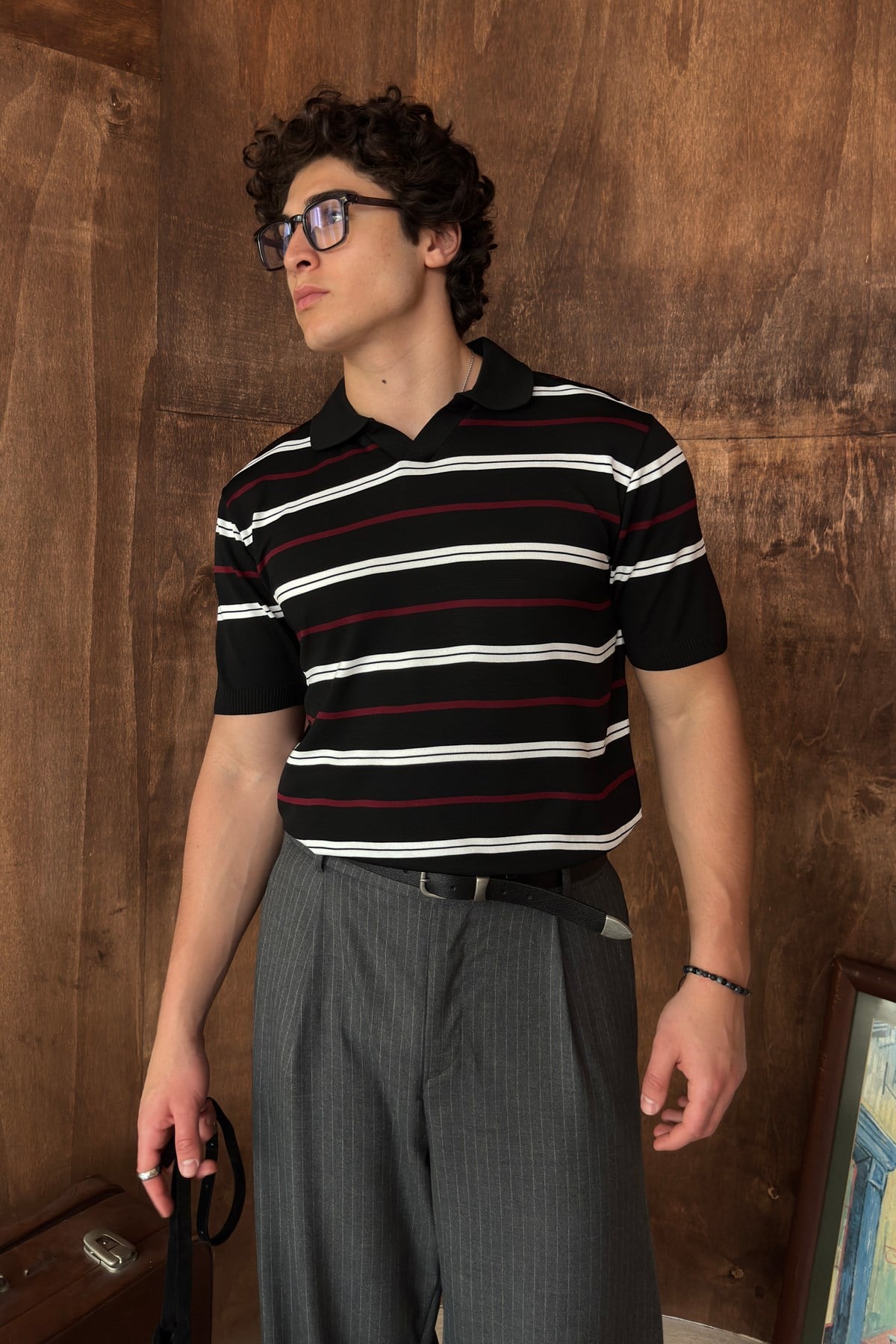 Erkek Polo Yaka Çizgili Triko T-shirt Siyah