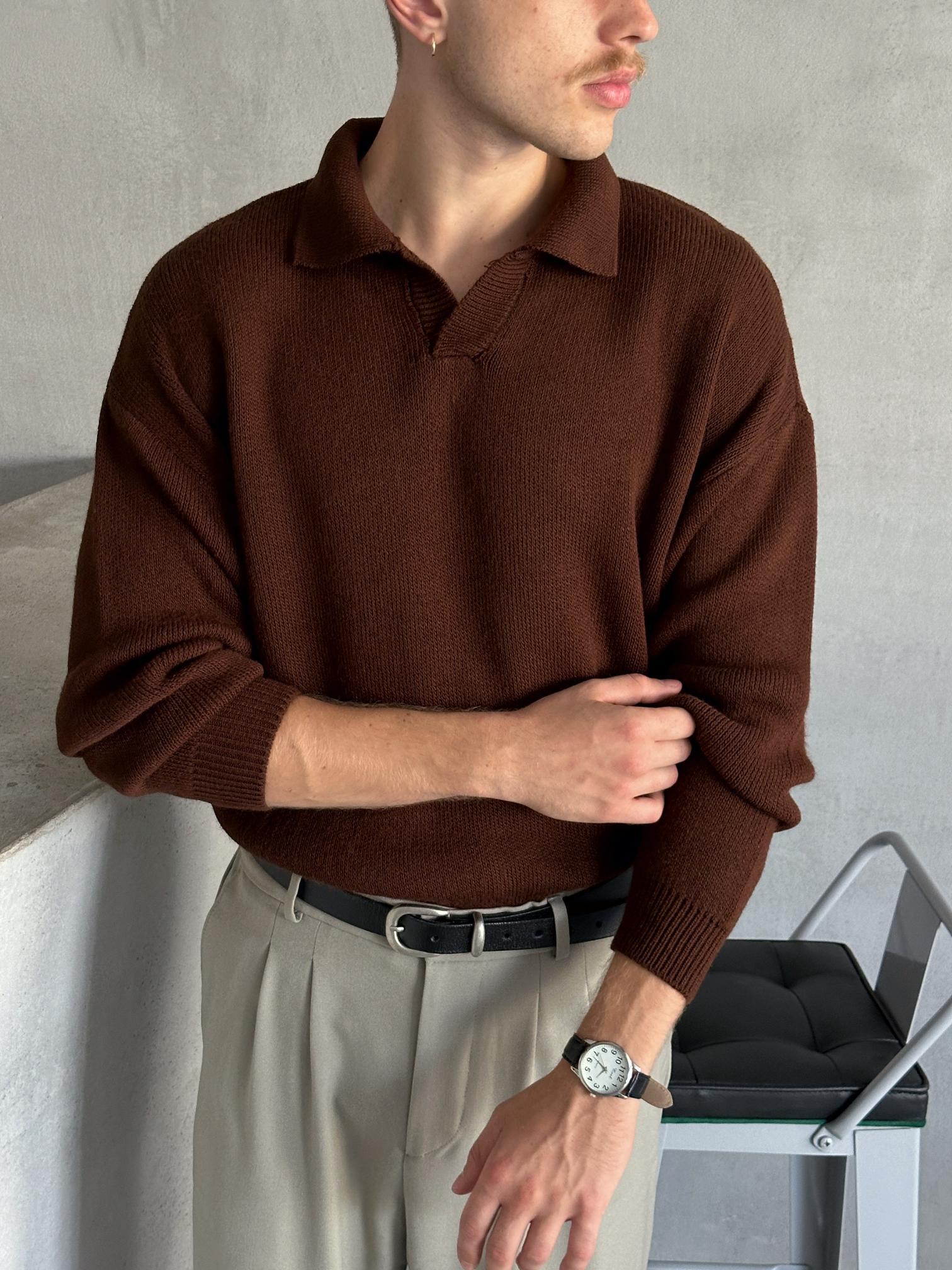 Erkek Polo Yaka Örme Oversize Kazak Kahverengi