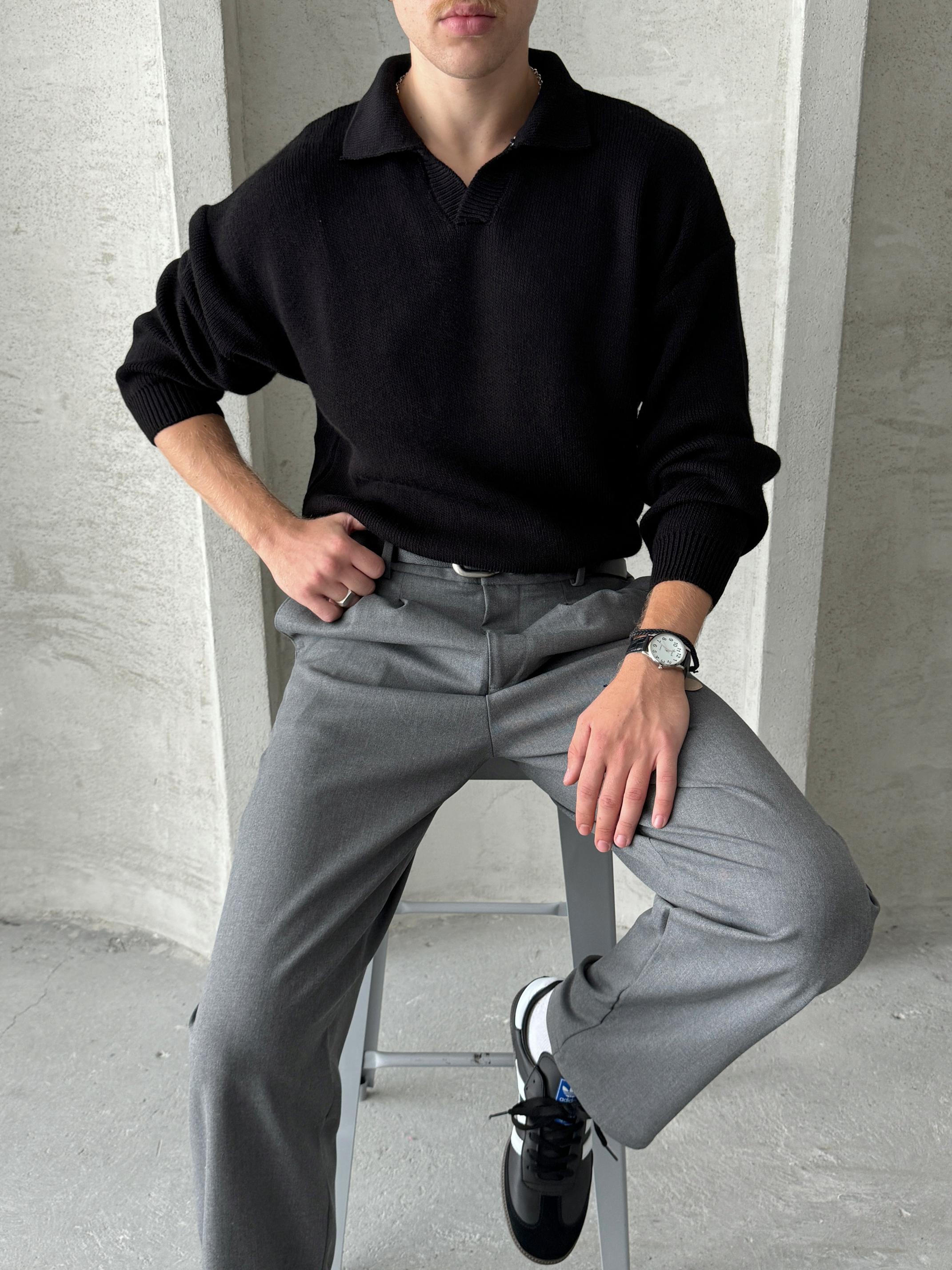 Erkek Polo Yaka Örme Oversize Kazak Siyah