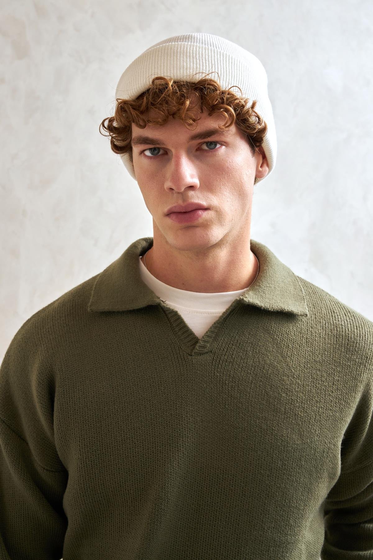 Erkek Polo Yaka Örme Oversize Kazak Yeşil