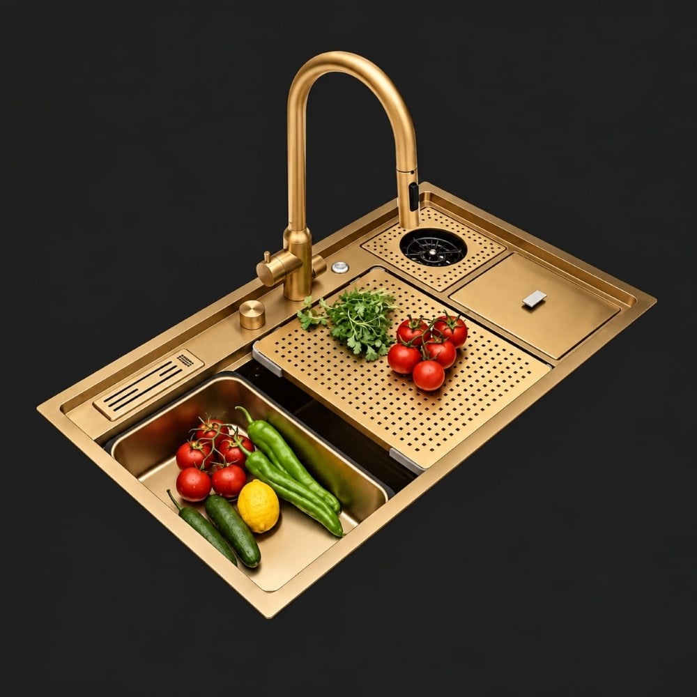 Verona El Yapımı PVD Eviye Seti 85x48 cm Altın (Gold) | Premium Çalışma İstasyonu Mutfak EvyesiVerona El Yapımı PVD Eviye Seti 85x48 Gold | Akıllı ve Premium Mutfak EvyesiAkıllı Teknolojik EviyelerMase ModeSNST0032DUŞHOMEVerona El Yapımı PVD Eviye Seti 85x48 cm Altın (Gold) | Premium Çalışma İstasyonu Mutfak Evyesi