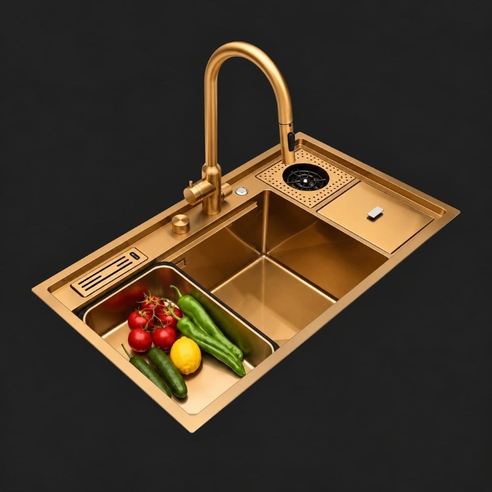 Verona El Yapımı PVD Eviye Seti 85x48 cm Altın (Gold) | Premium Çalışma İstasyonu Mutfak EvyesiVerona El Yapımı PVD Eviye Seti 85x48 Gold | Akıllı ve Premium Mutfak EvyesiAkıllı Teknolojik EviyelerMase ModeSNST0032DUŞHOMEVerona El Yapımı PVD Eviye Seti 85x48 cm Altın (Gold) | Premium Çalışma İstasyonu Mutfak Evyesi