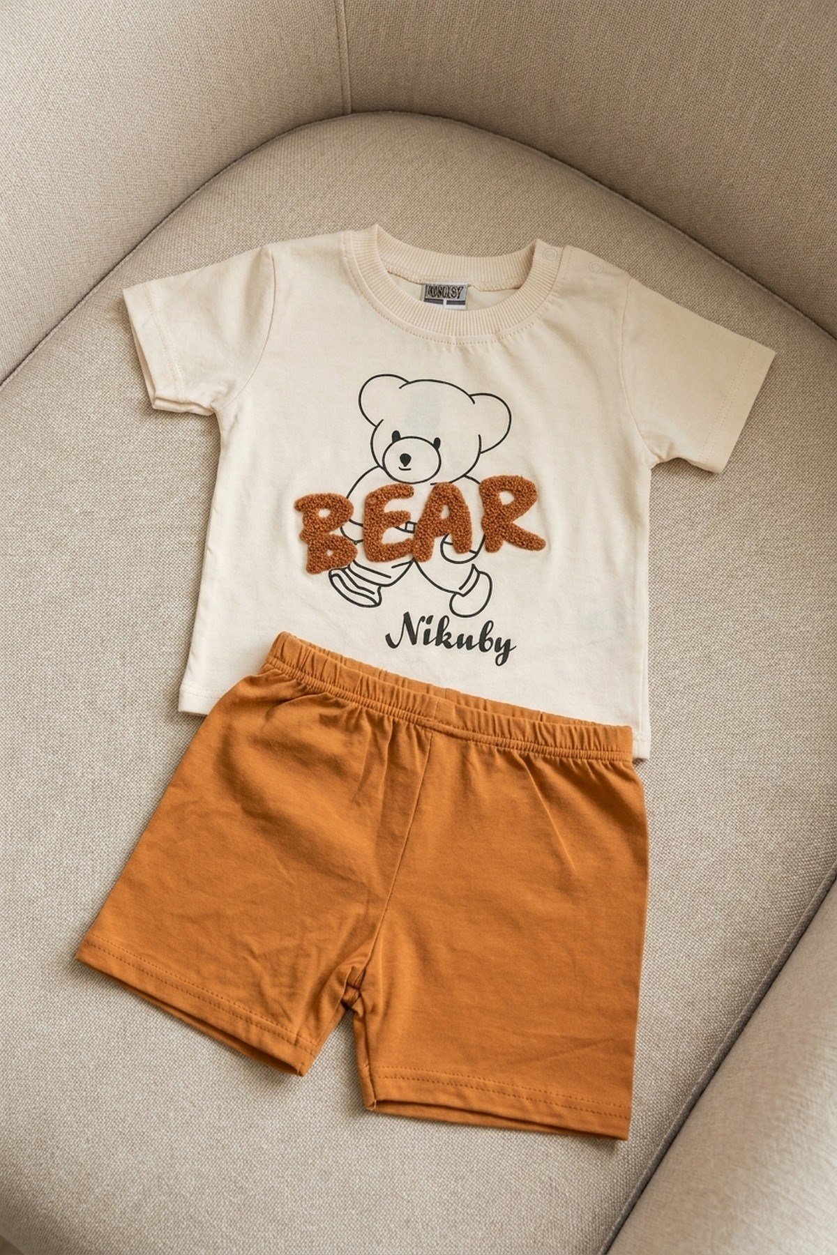 Erkek Bebek Ayıcık Baskılı BEAR Buklet Nakışlı Şortlu 2'li Yazlık Takım Alt Üst Takım 3-6-9-12 Aylık