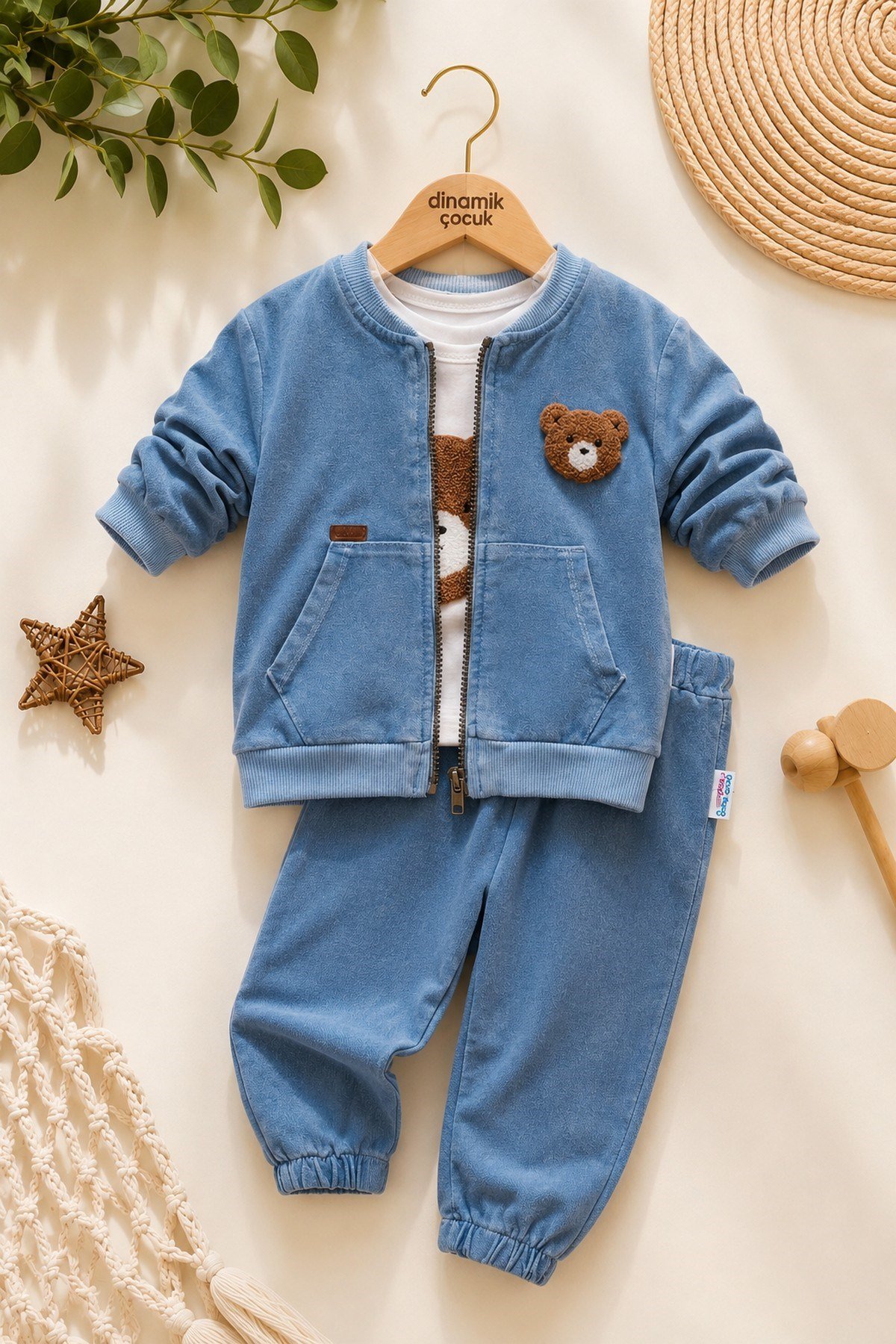 Erkek Bebek Ayıcık Nakışlı 3'lü Takım Denim Kot Görünümlü Fermuarlı Ceket + Badi + Eşofman Altı Mevsimlik Bayramlık 6-9-12-18-24aylık