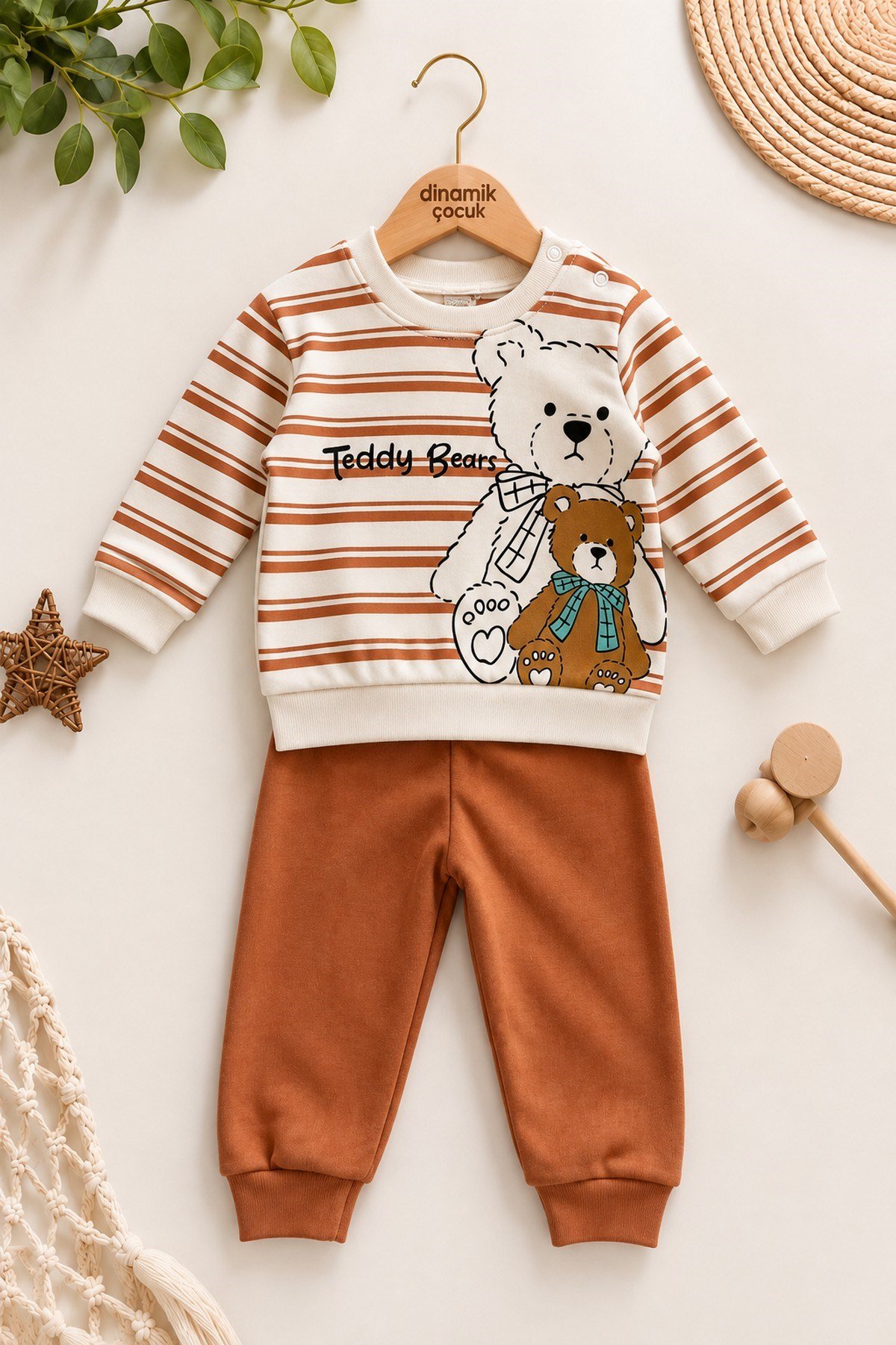 Erkek Bebek Teddy Bears Ayıcık Baskılı Çizgili Sweatshirt ve Alt 2'li Eşofman Takımı 3-6-9-12ay