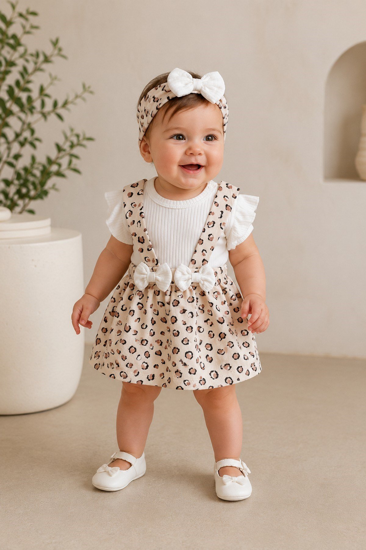 Kız Bebek Leopar Desenli Bandanalı 3lü Takım Kısa Kollu Alttan Çıtçıtlı Body+Ribanalı Salopet Elbise 0-3-6-9-12aylık