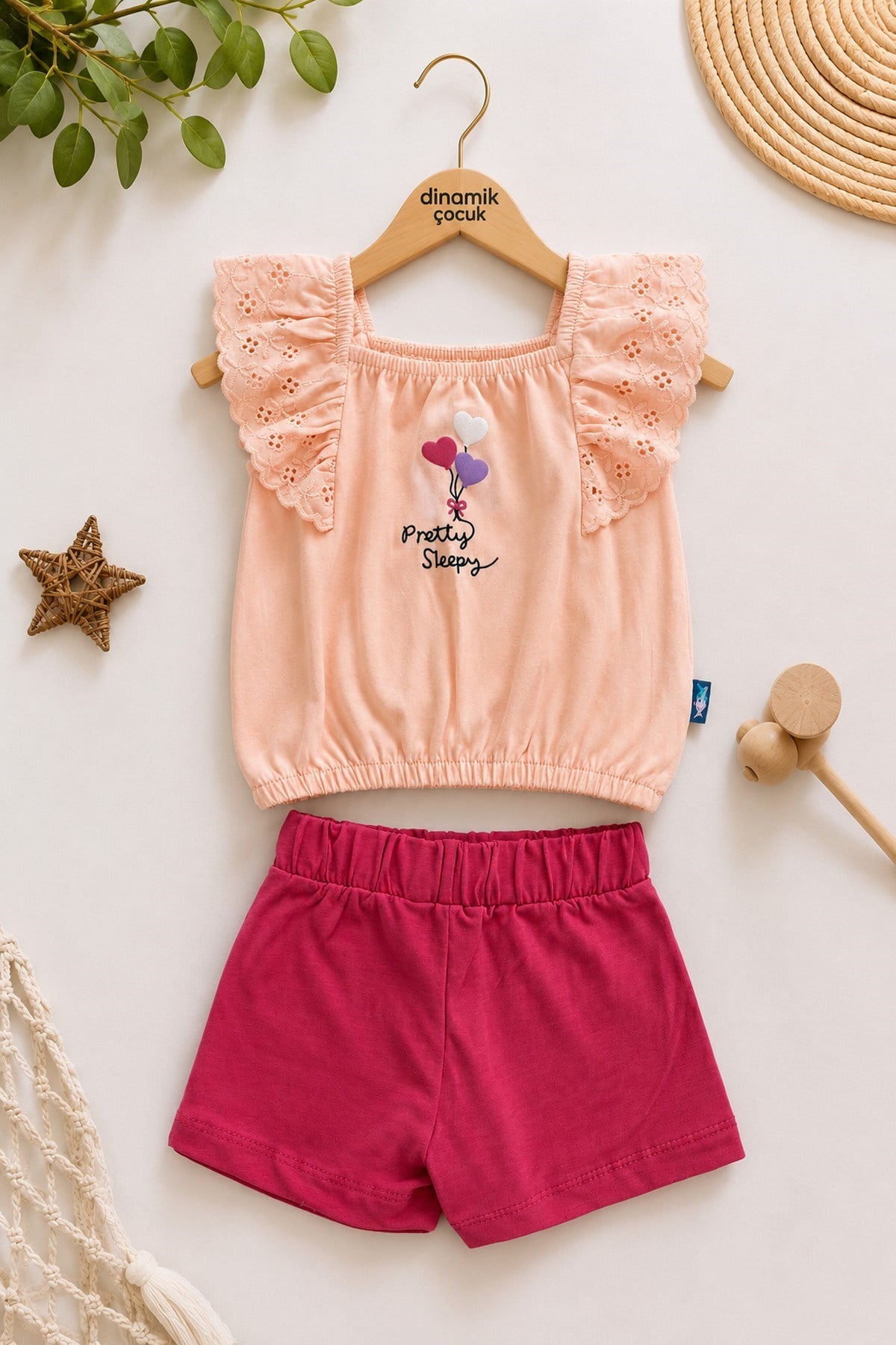 Kız Bebek Nakışlı Fisto Kollu Şortlu Takım Yazlık Pamuklu Alt Üst 2'li Takım 6-9-12-18-24 Ay