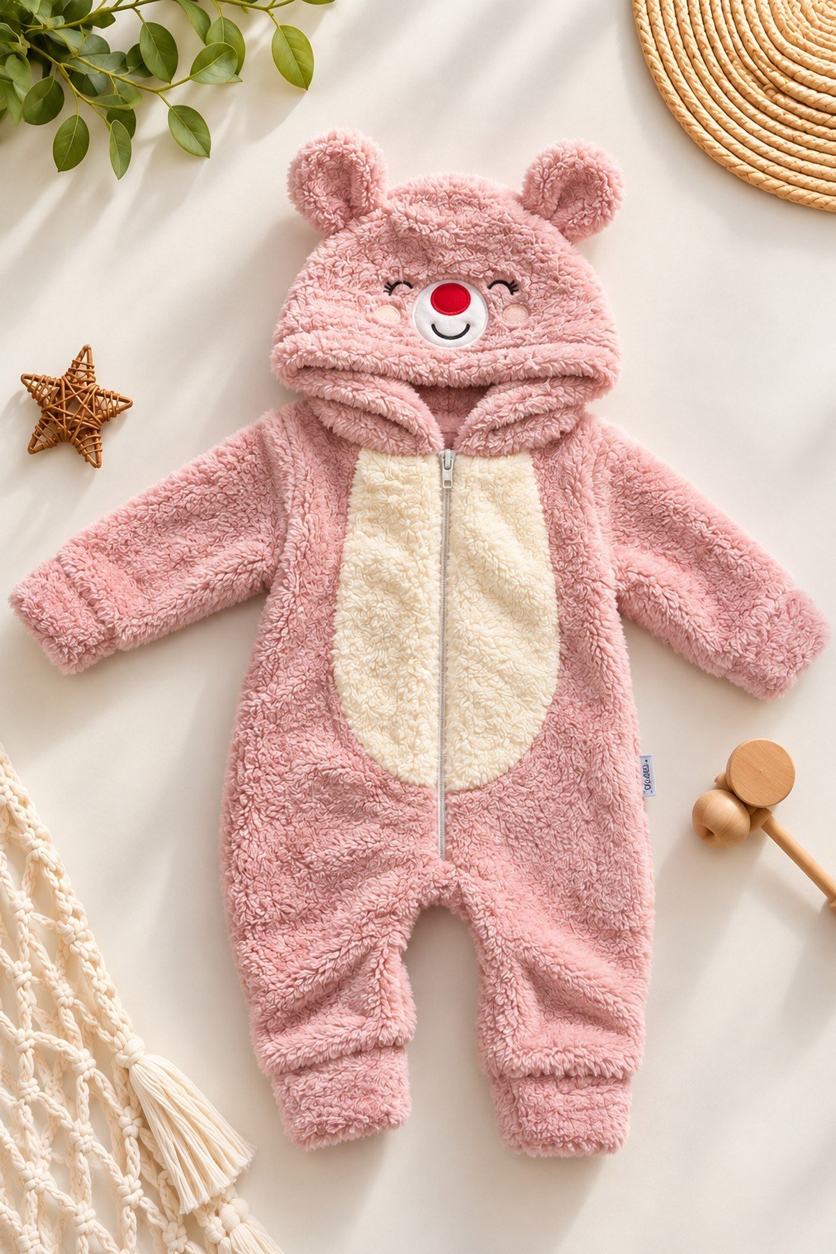 Kız Bebek Tulum Ayıcık Kapüşonlu Peluş Fermuarlı Welsoft Tek Parça Tulum 0-3-6-9-12ay