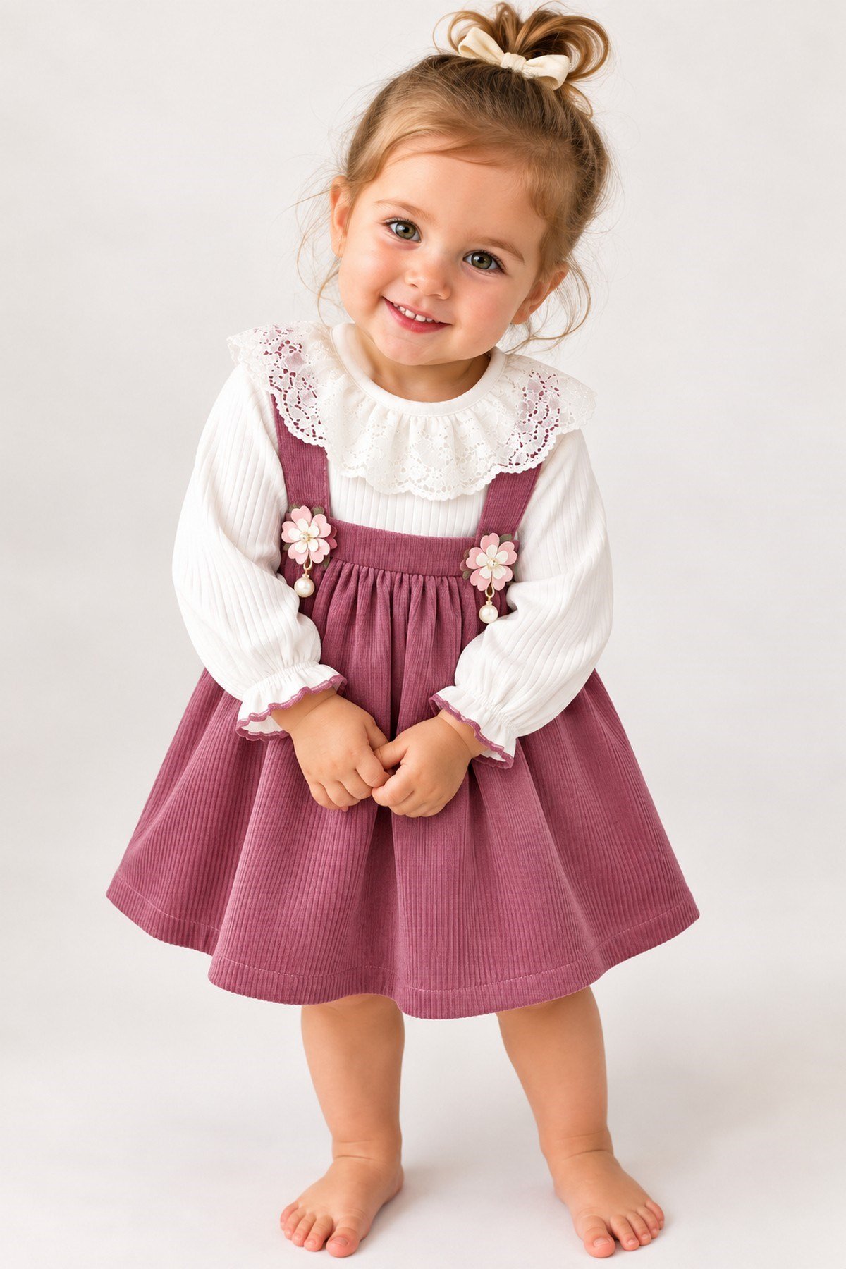 Kız Bebek Vintage Bebe Yakalı, Fitilli Çiçek Aksesuarlı Elbise l l 6-9-12-18-24 Ay Elbise