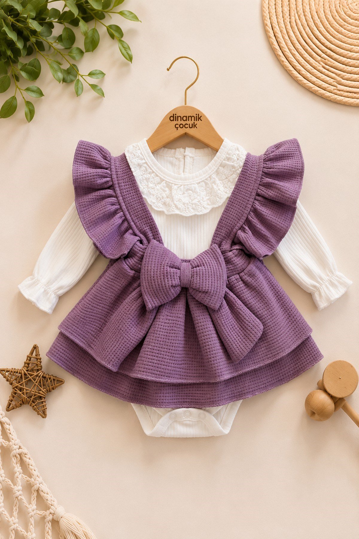Kız Bebek Waffle Kumaş Fiyonklu Elbise & Dantelli Badi 2'li Takım 0-3-6-9-12Ay Bayramlık Şık Elbise