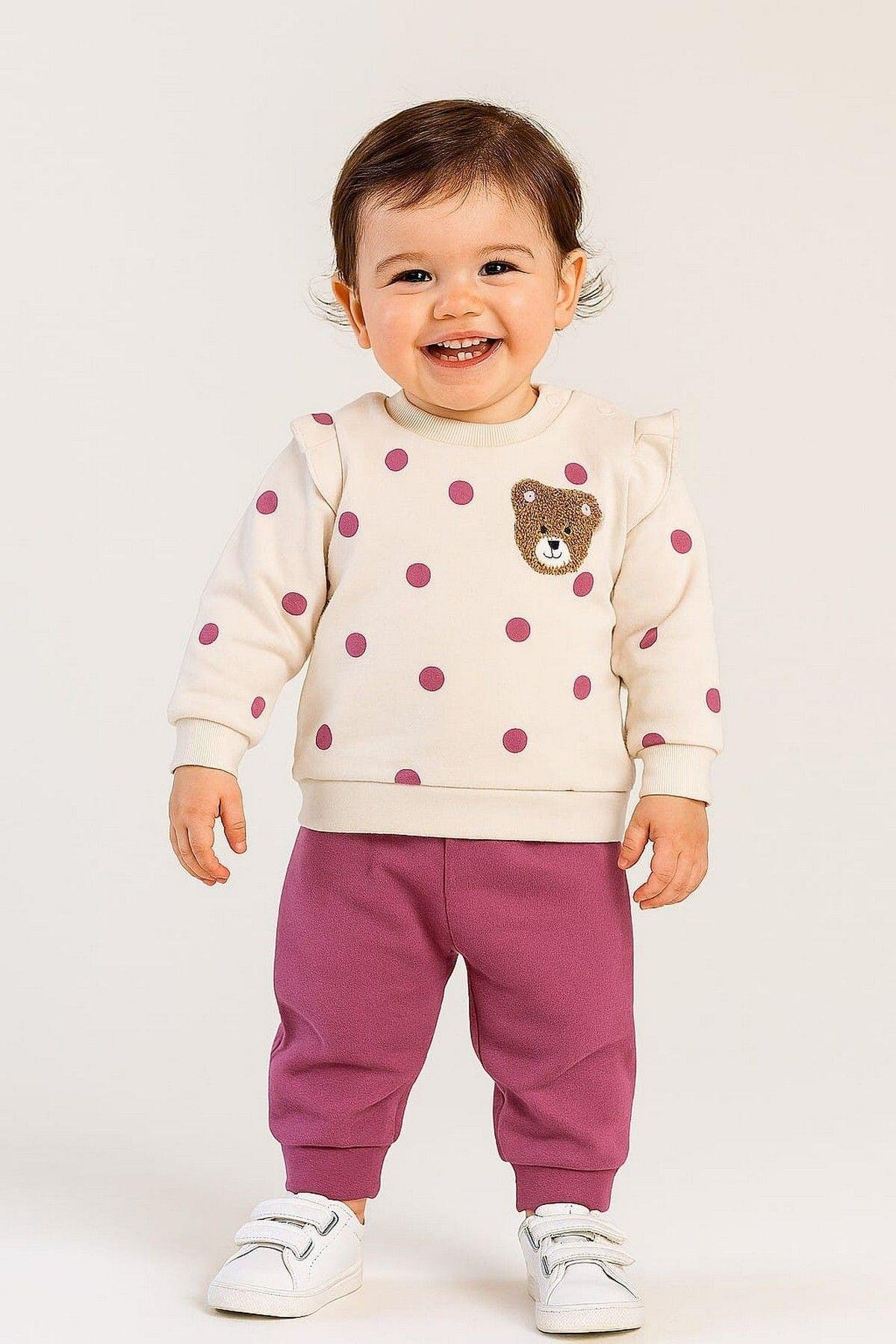 Kız Bebek/Çocuk Puantiyeli Punch Ayıcık Omuzu Çıtçıtlı Bebek Takımı 2li AltÜst Mevsimlik 3-6-9-12ay