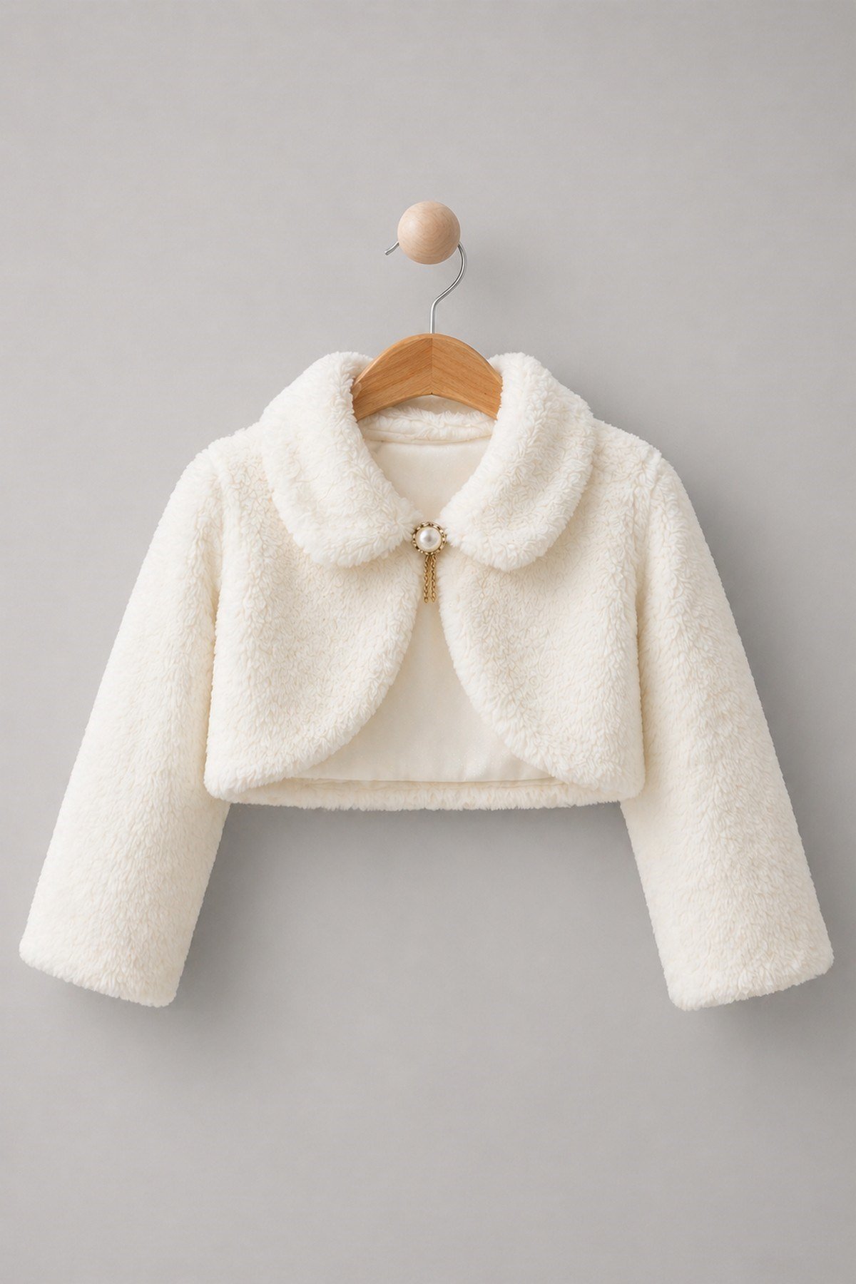 Kız Çocuk Peluş Bolero Kürk Görünümlü Crop Kısa Ceket İnci Düğmeli Şık Özel Gün 1-2-3-4-5 Yaş Bayram Doğum günü