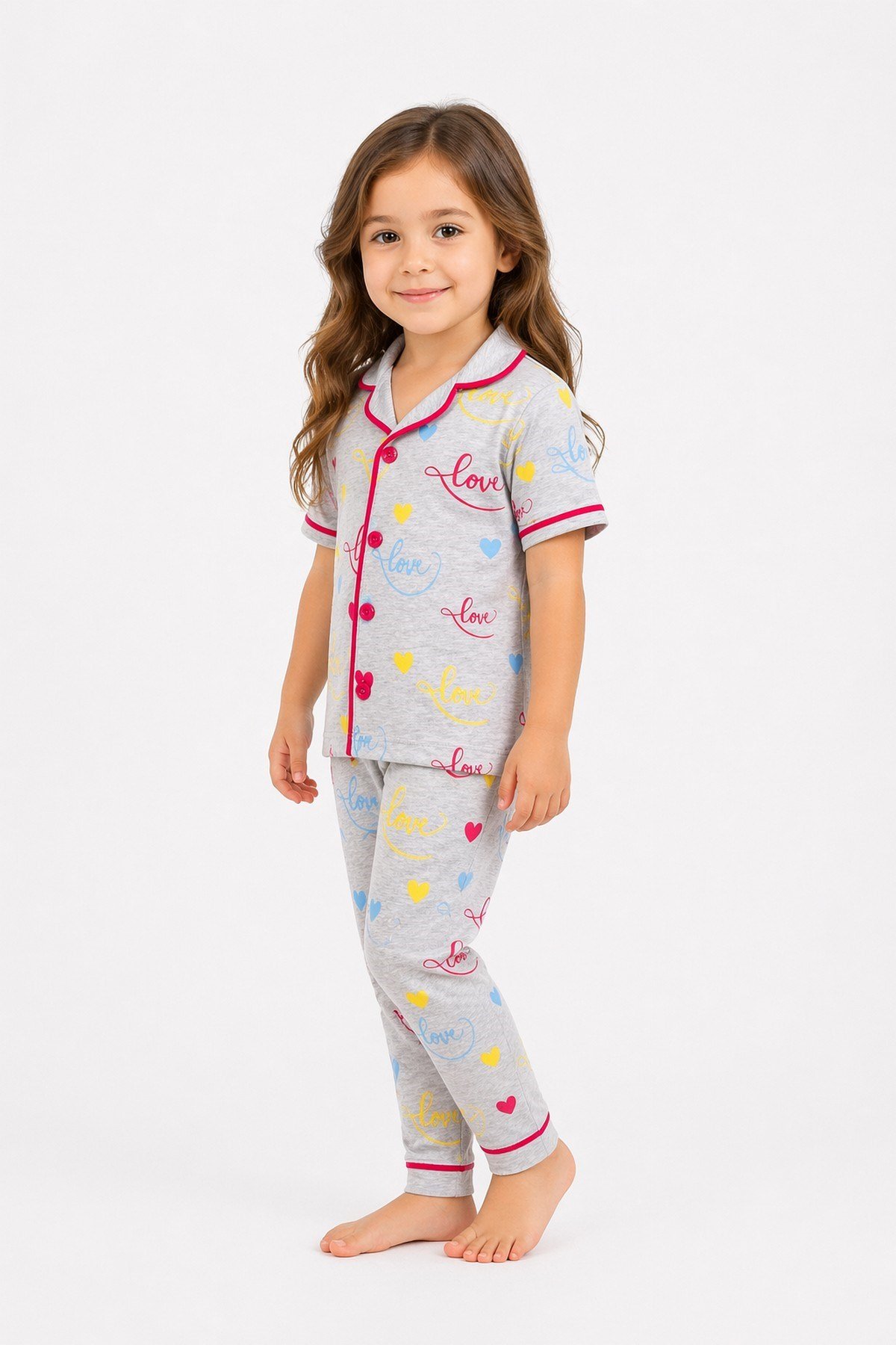Kız Çocuk/Bebek Love Desenli Kısa Kollu Pijama Takımı Yazlık %100Pamuk 2'li Alt Üst Takım 6-24aylık 3-6yaş