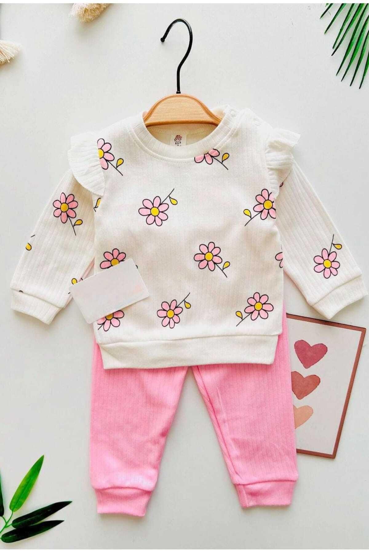 Papatya Raporlu Fitilli Kol Detaylı Kız Bebek Takımı Aylık Mevsimlik 2li Alt Üst 3-6-9-12ay
