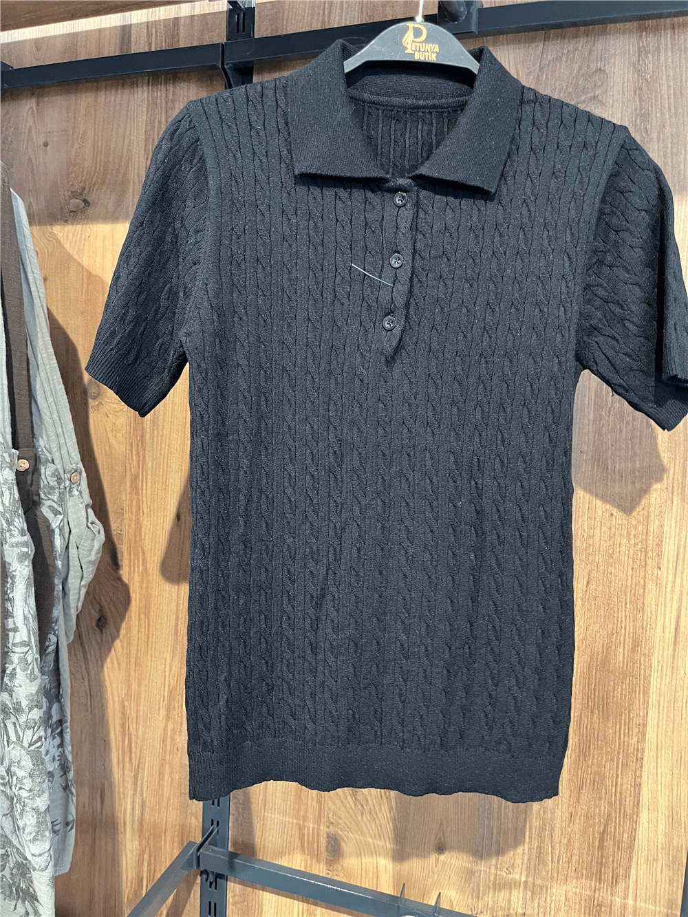 Polo Yaka Saç Örgü Kısa Kollu Triko Bluz