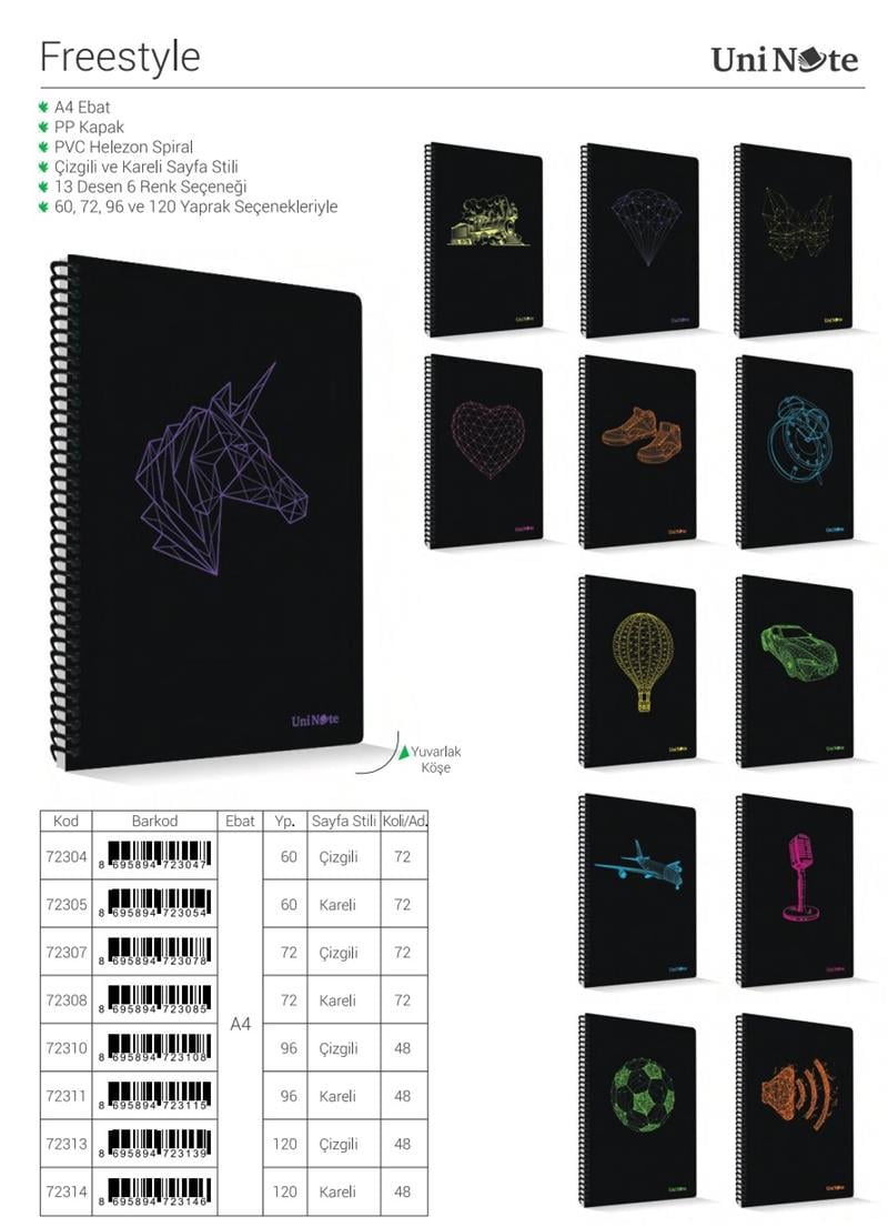 Freestyle PP Kapaklı A4 Spiralli 72 Yaprak Çizgili Defter 12'li Paket