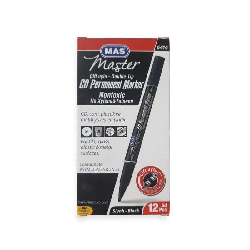 Mas Asetat Kalem CD Marker Çift Uç Siyah 10’lu Paket