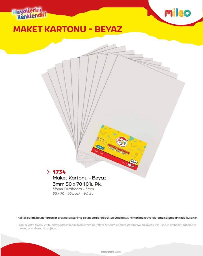 Mas Mileo Maket Kartonu 3mm 50x70 10’lu Paket Beyaz 1734