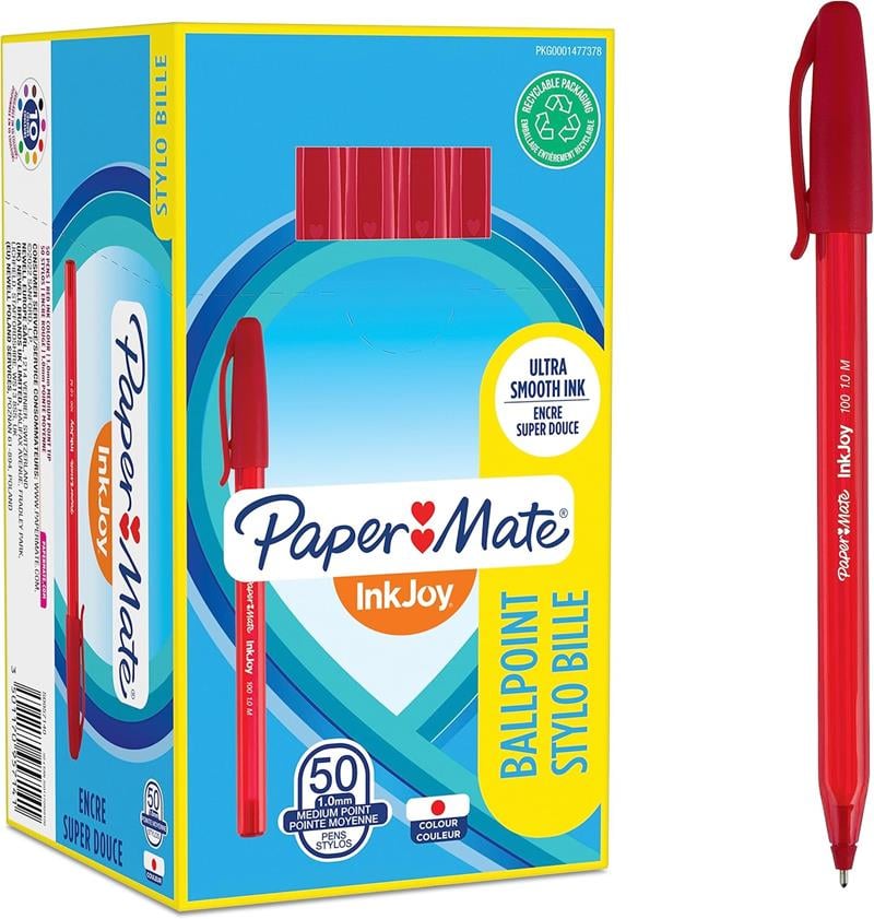 Paper Mate Inkjoy Tükenmez 100 Kapaklı Uç M Kırmızı 50'li Kutu