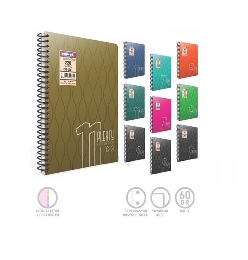 Plenty Spiralli Seperatörlü Plastik Kapak A4 140 Yaprak 4+3 Defter (1065) Gıpta