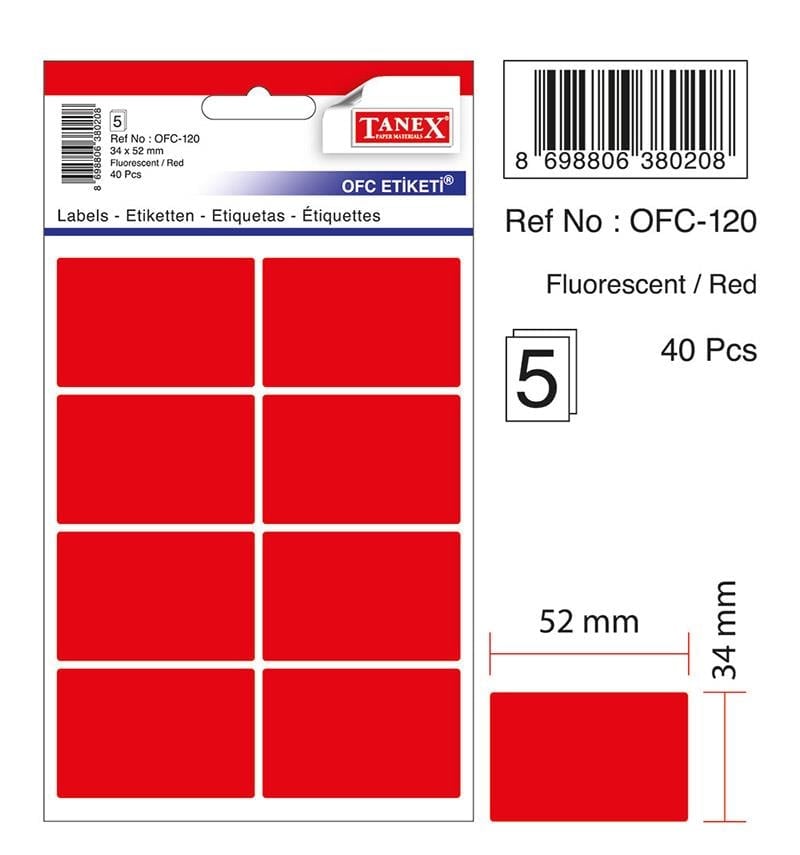 Tanex Ofis Etiket Ofc-120 Flo Kırmızı 5 Adet