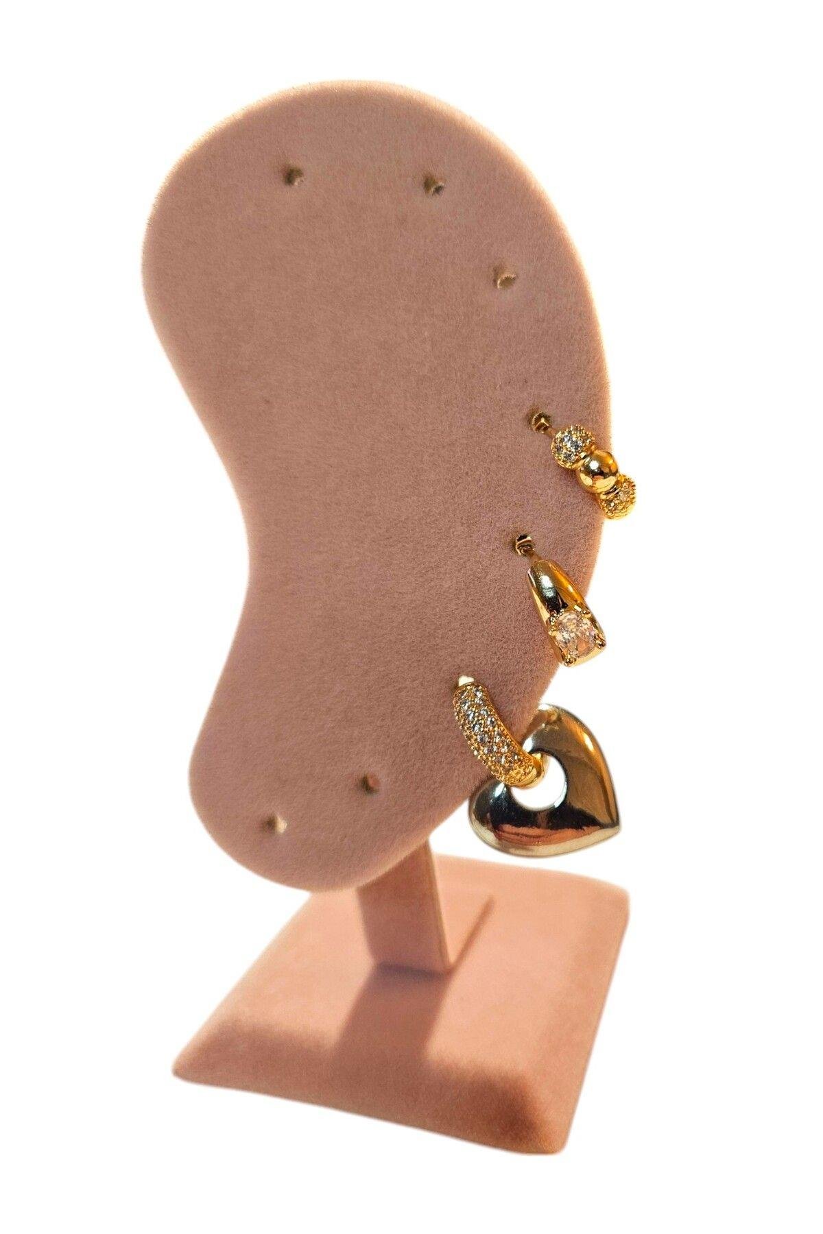 Gold & Silver Kalp Zirkon Taşlı Halka 3lü Set Küpe