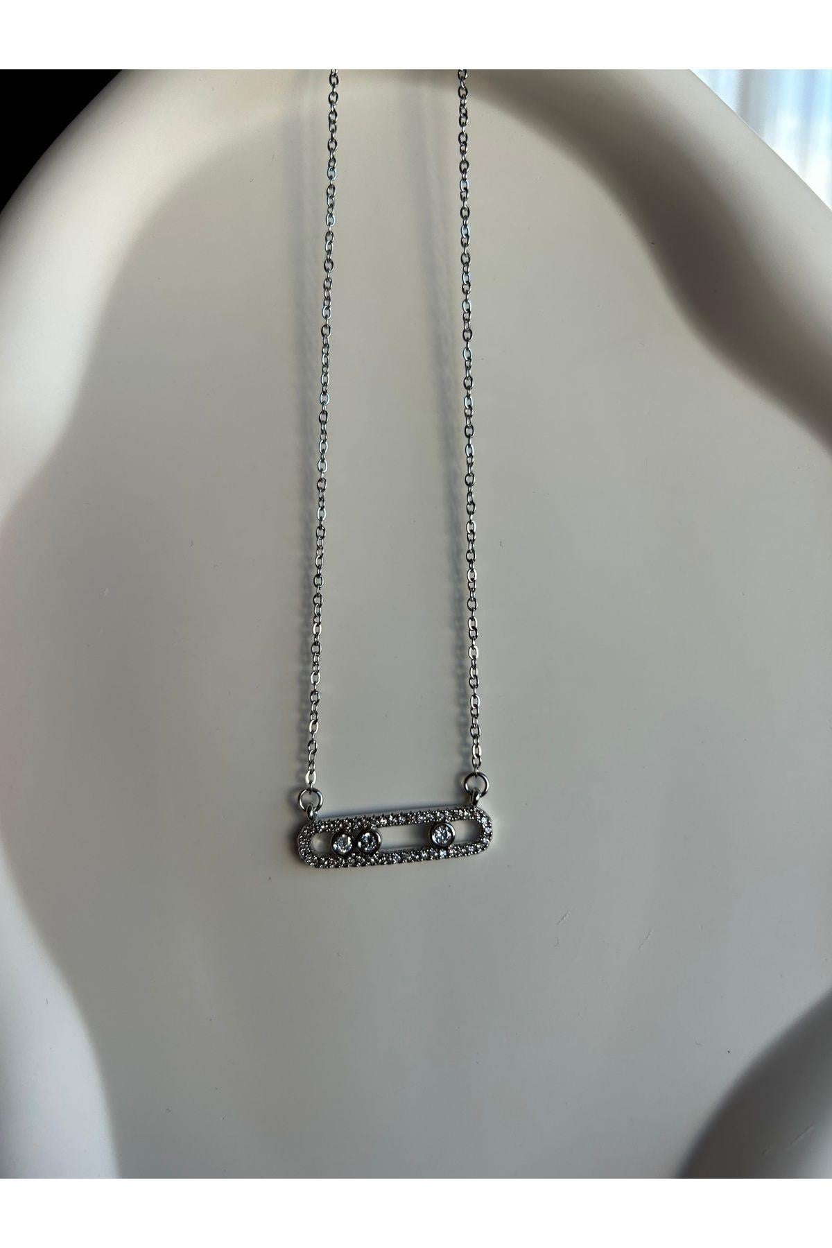 Taşlı Çelik Silver Kararmaz Kolye