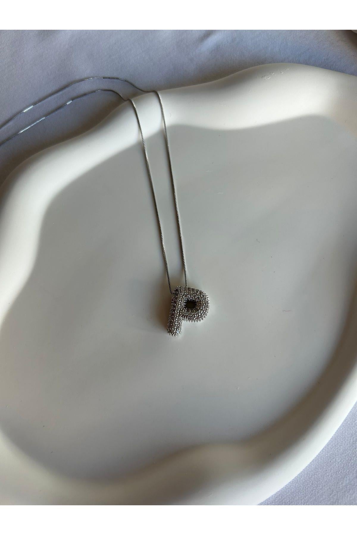 Zirkon Taşlı Silver Gümüş Renk P Harf Kolye