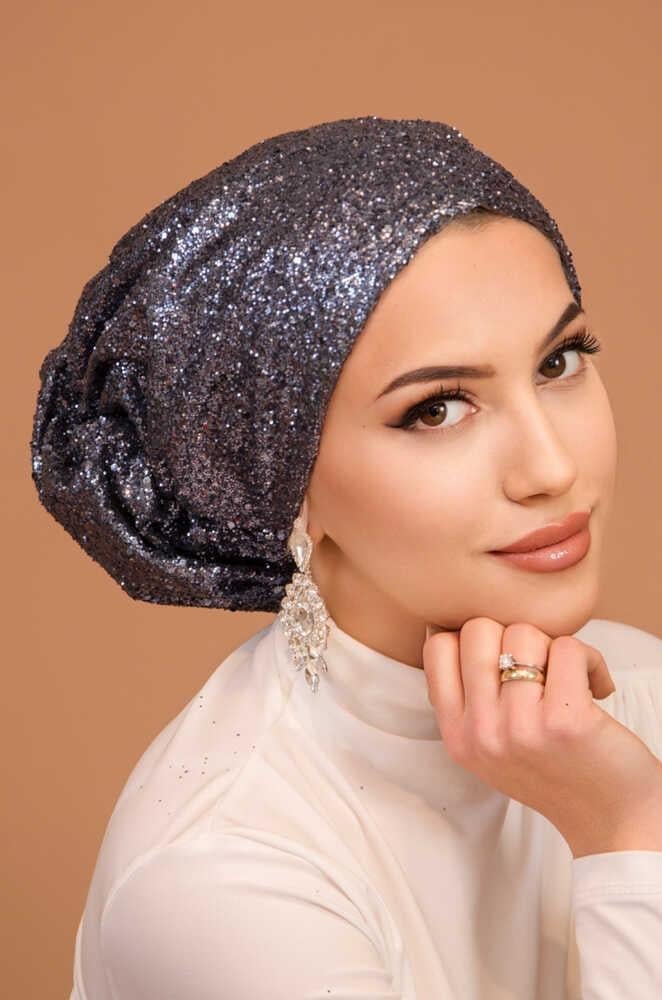 Antrasit Simli Çağla Abiye Hazır Türban Bone